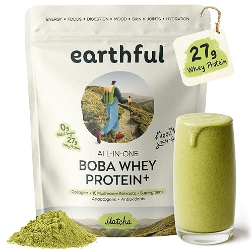 EARTHFUL Boba Whey Protein 27g Grass-Fed Whey & Collagen, Boba Tea with Supergreens, 10 Mushrooms, Adaptogens, Nootropics, No Added Sugar Meal
