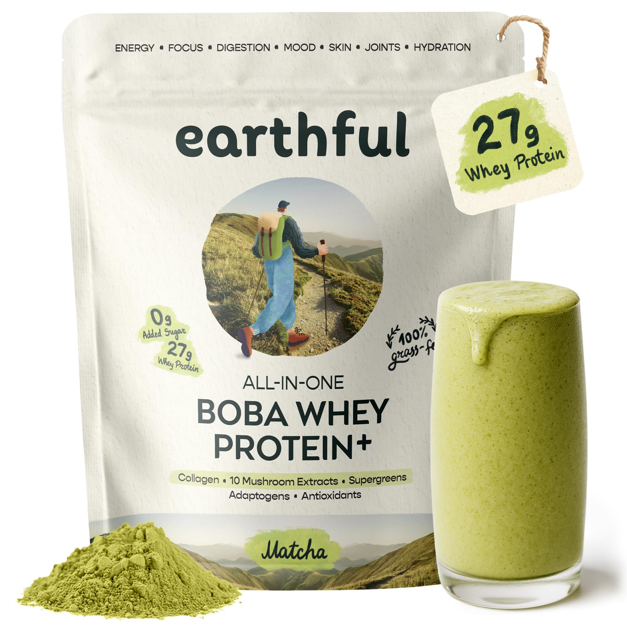 EARTHFUL Boba Whey Protein 27g Grass-Fed Whey & Collagen, Boba Tea with Supergreens, 10 Mushrooms, Adaptogens, Nootropics, No Added Sugar Meal