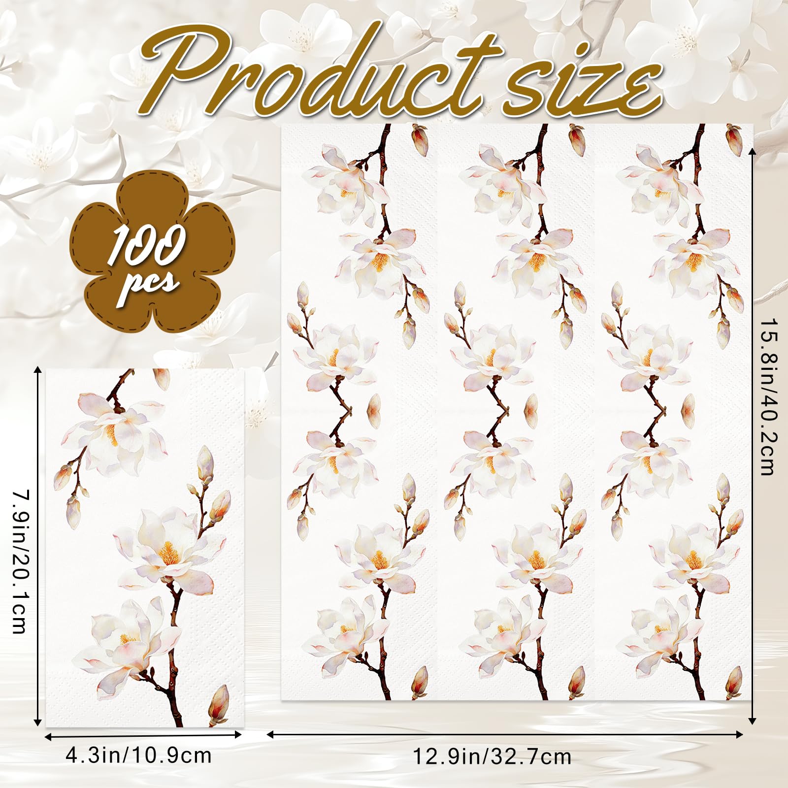 100Pcs Magnolia Paper Napkins | 2 Ply Spring Summer Fall wildflower Napkin for Decoupage, Tea Party Decoration, Mother's Day, Wedding, Bridal & Baby