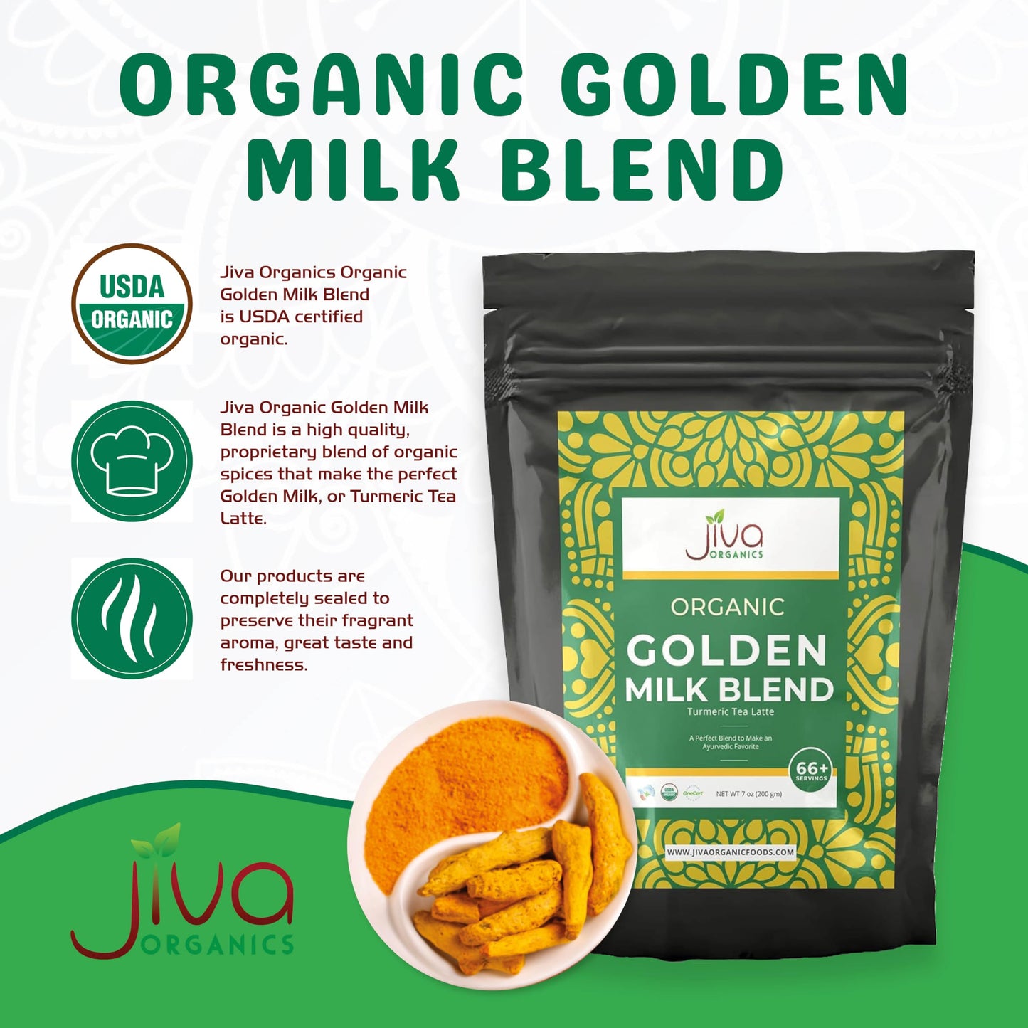 Jiva Organics Turmeric Tea Latte - Golden Milk Powder 7 Ounce (200g) - Ashwagandha, Cardamom, Ginger, Black Pepper & More