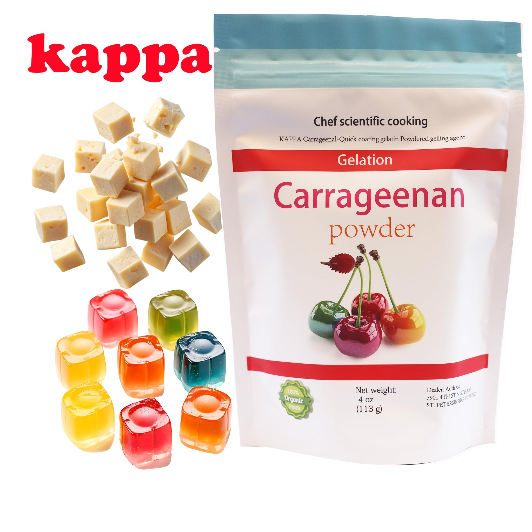Pure-Kappa Carrageenan Powder - 113 G / 4 oz Non-GMO - Refined Food Grade - Marbled - Natural Vegan Thickener for Cooking and Desserts. Molecular