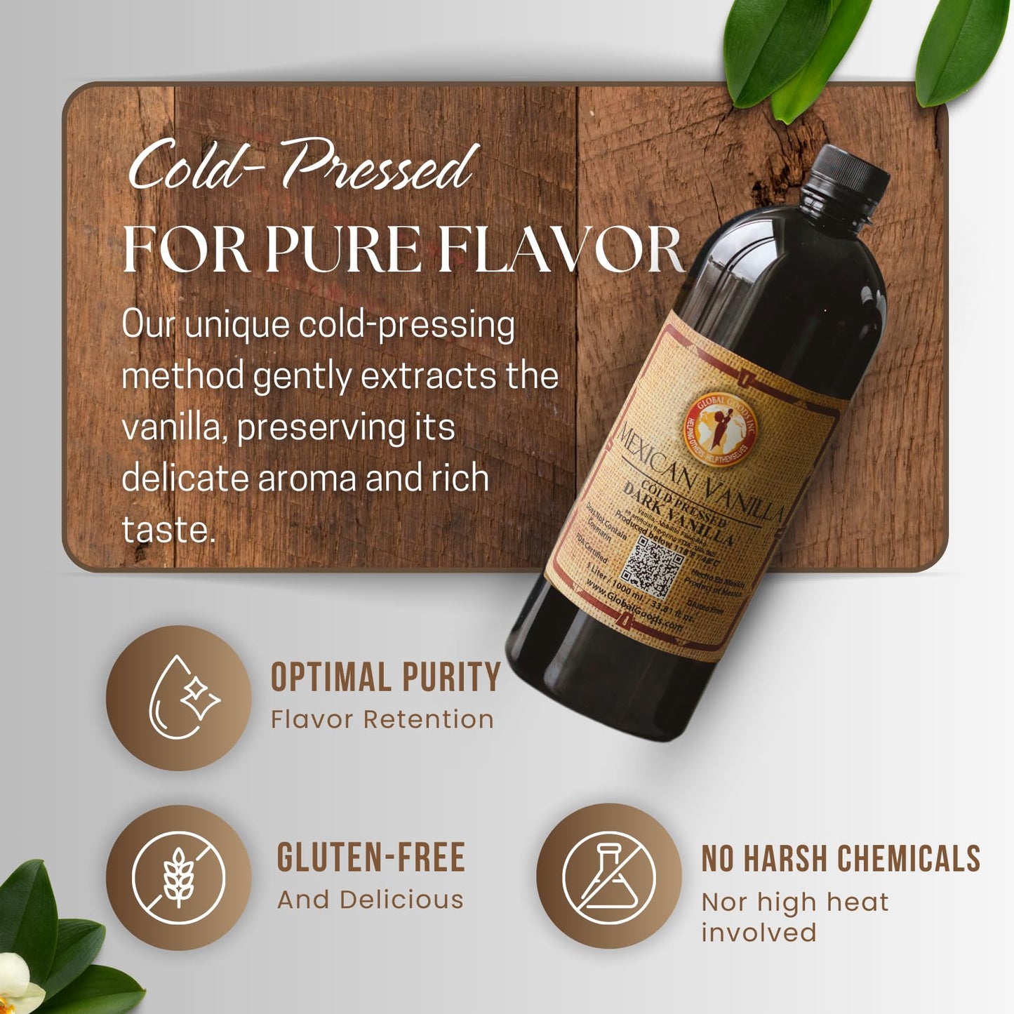 Pure Dark Mexican Vanilla Extract Gluten-Free Vanilla for Baking, Cakes, Cookies, Desserts, Coffee & Beverages (1 Liter / 33.81 fl oz) - Natural, No