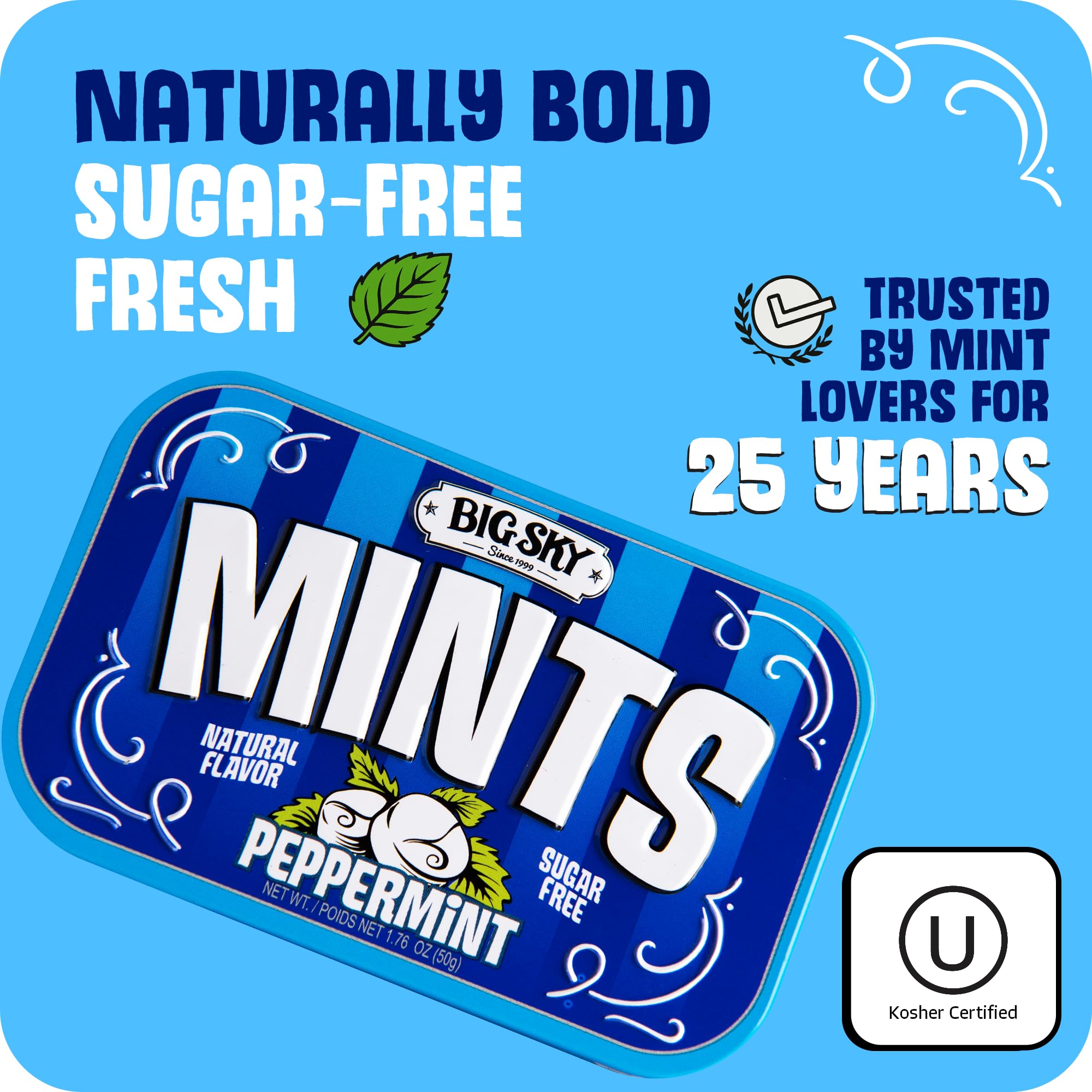 Big Sky Sugar Free Peppermint Mints - 50 Count Tin (Pack of 6) | Kosher Certified, Vegan Peppermint Candy | Aspartame & Gluten Free | Natural Breath