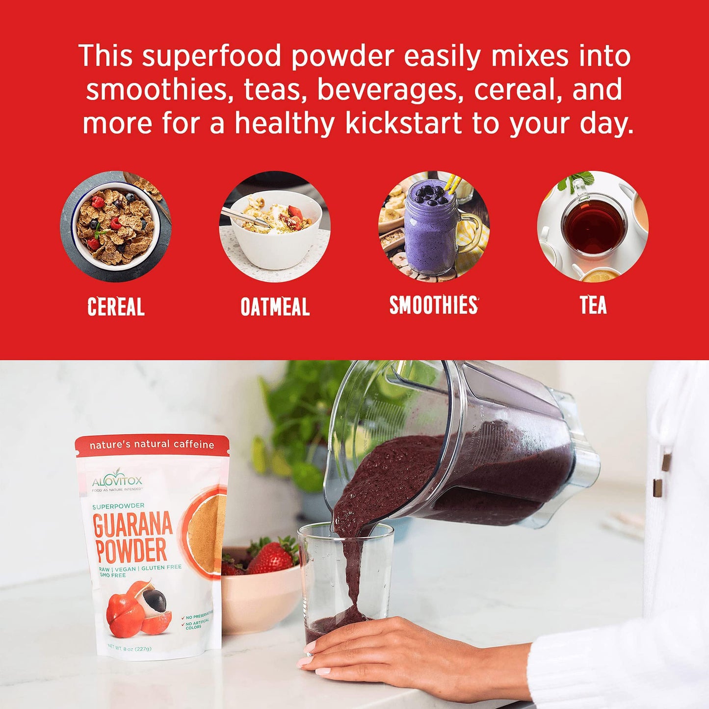 Alovitox Organic Guarana Seed Powder | Raw Guarana Seed Extract, Vegan, Non-GMO & Gluten-Free (Superfood, 65mg of Natural Caffeine per Serving)