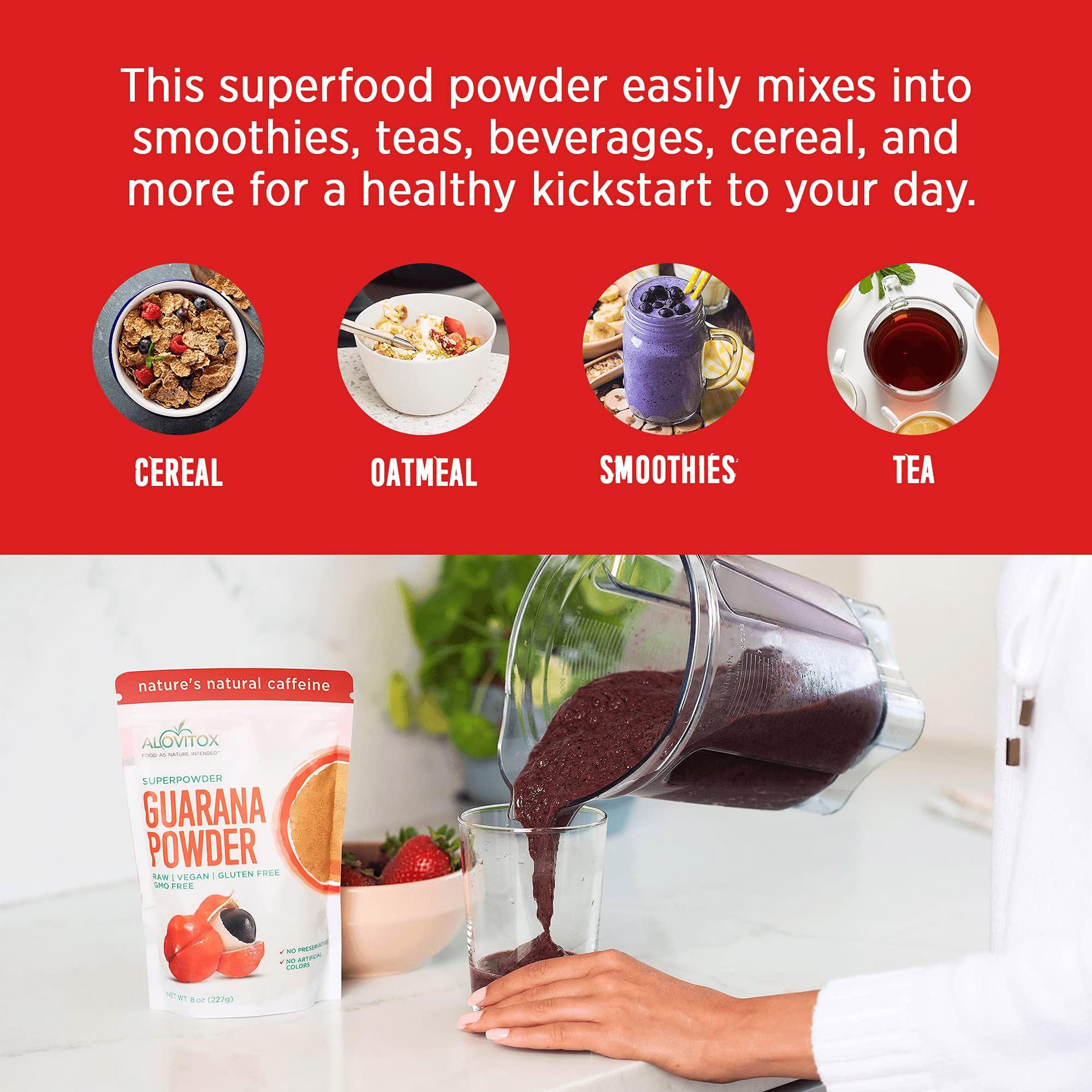 Alovitox Organic Guarana Seed Powder | Raw Guarana Seed Extract, Vegan, Non-GMO & Gluten-Free (Superfood, 65mg of Natural Caffeine per Serving)