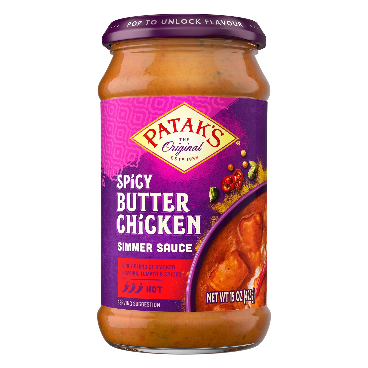 Patak’s Spicy Butter Chicken Simmer Sauce - Spicy & Creamy Curry Sauce w/Tomato Paste, Butter & Spices - Gluten-Free & Vegetarian Indian Sauce
