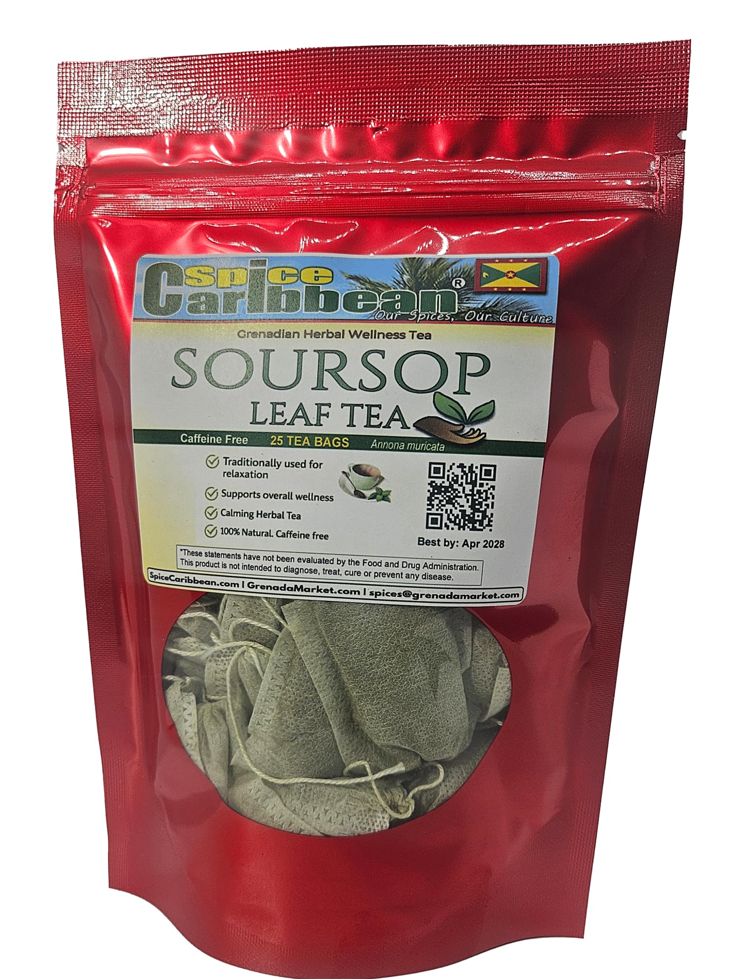 SOURSOP - 25 Tea Bags (ORGANIC loose Leaf Tea) - Product of Grenada, Caribbean