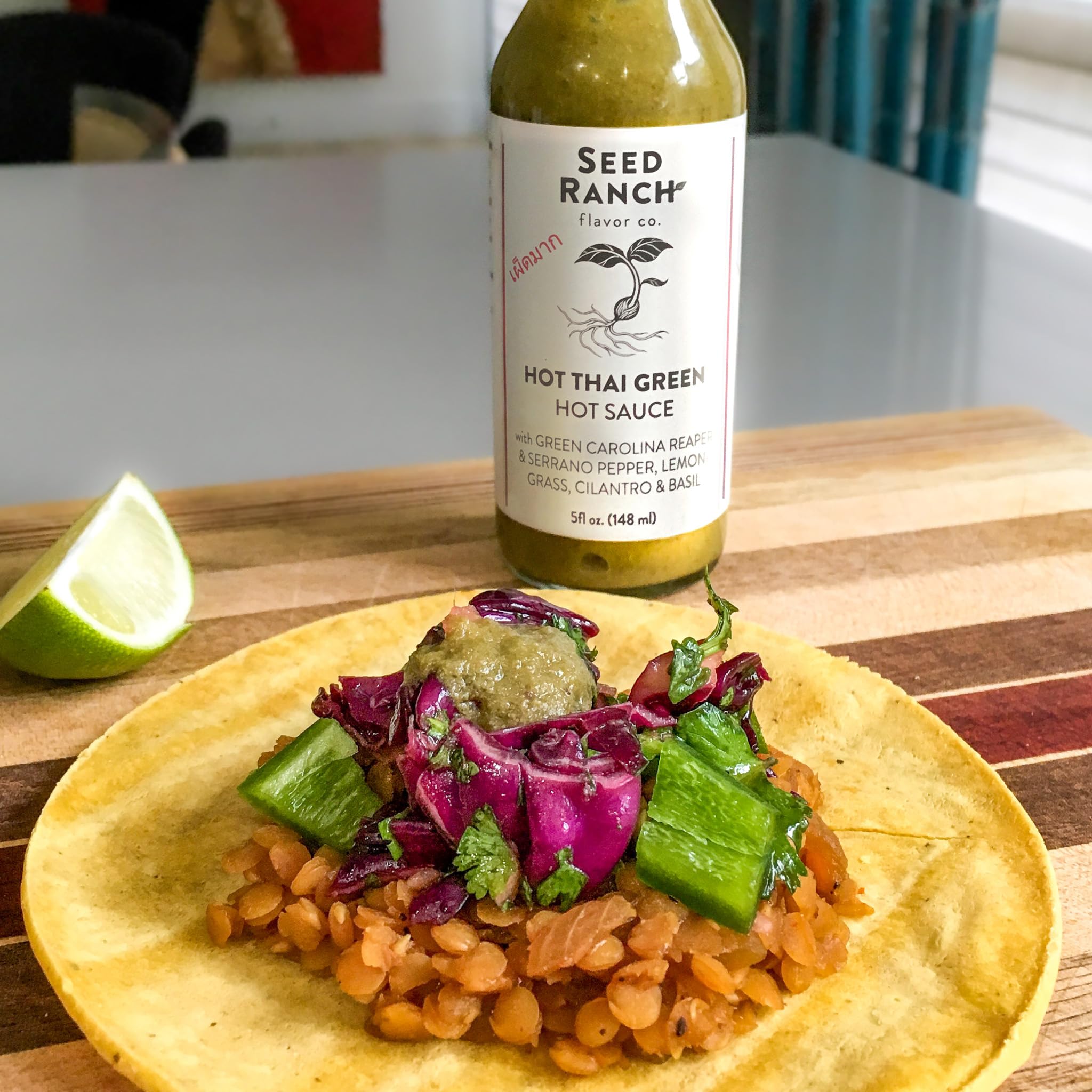 Seed Ranch Hot Thai Sauce, 5 Fl Oz - Spicy Heat - Featured on Hot Ones, Green Carolina Reaper Pepper, Organic Gourmet Hot Sauce - Vegan, Non-GMO