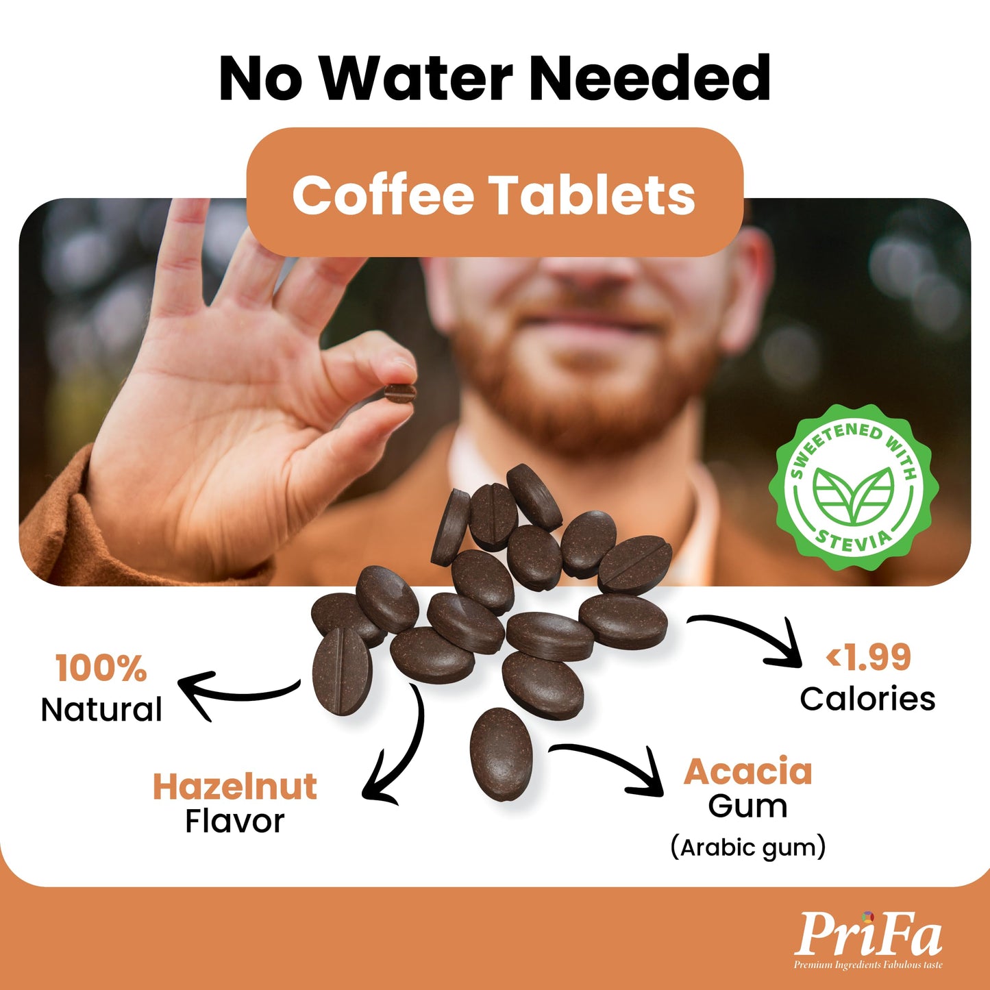 PriFa Hazelnut Coffee Tablets - Sweetened with Stevia, Nutty & Aromatic Flavor, Instant Coffee On-The-Go, Portable Caffeine Boost - 15mg Caffeine, 25