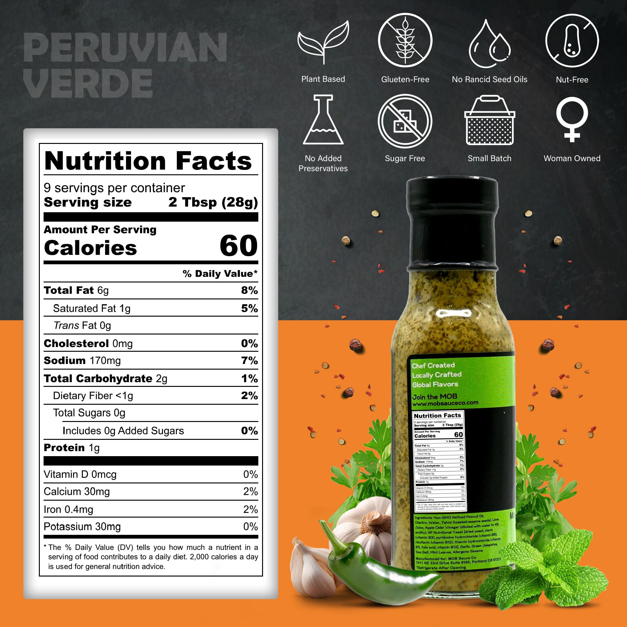MOB Sauce Peruvian Verde - Award Winning, Creamy Cilantro Lime Taco, Grilling & Dipping Sauce that’s Vegan, Gluten-Free, Keto-Friendly with Natural