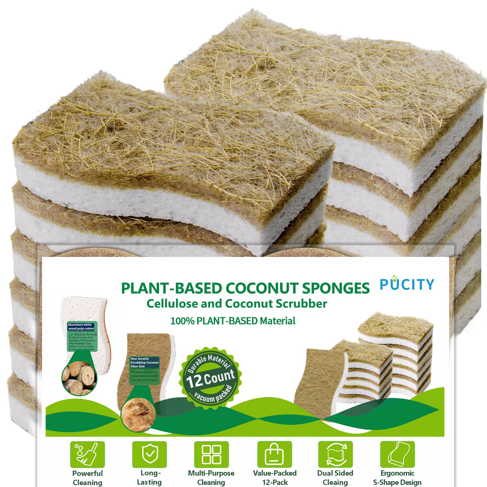 Sponges Kitchen Natural Dish Sponge Plant-Based Biodegradable Compostable Cellulose with Coconut Scrubber Sponge Non Scratch Eco Friendly Kitchen