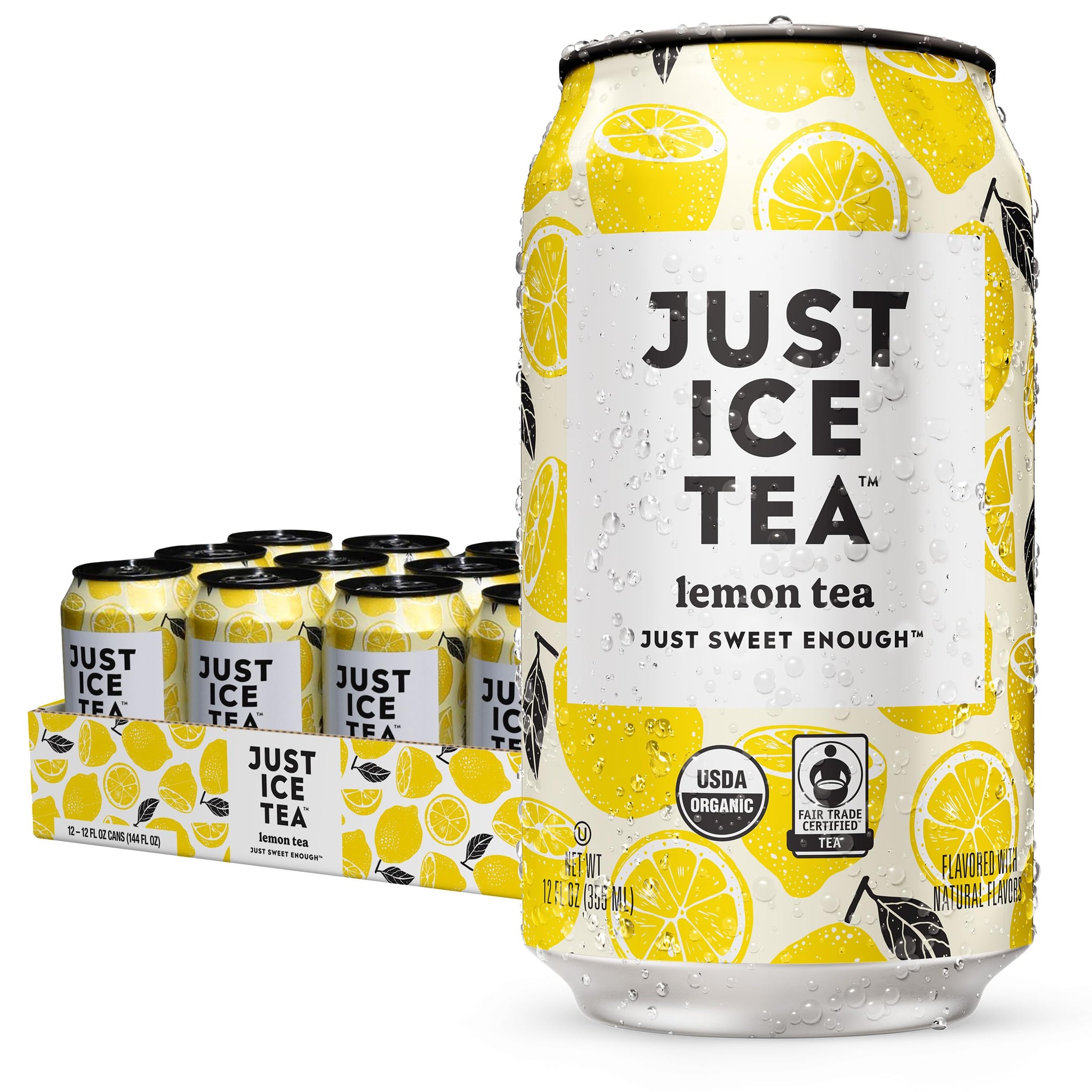 Just Ice Tea, Lemon Flavored Black Iced Tea, 12-Pack (12oz Cans), USDA Certified Organic, Real Brewed, Low Calorie, No Artificial Sweeteners, Fair