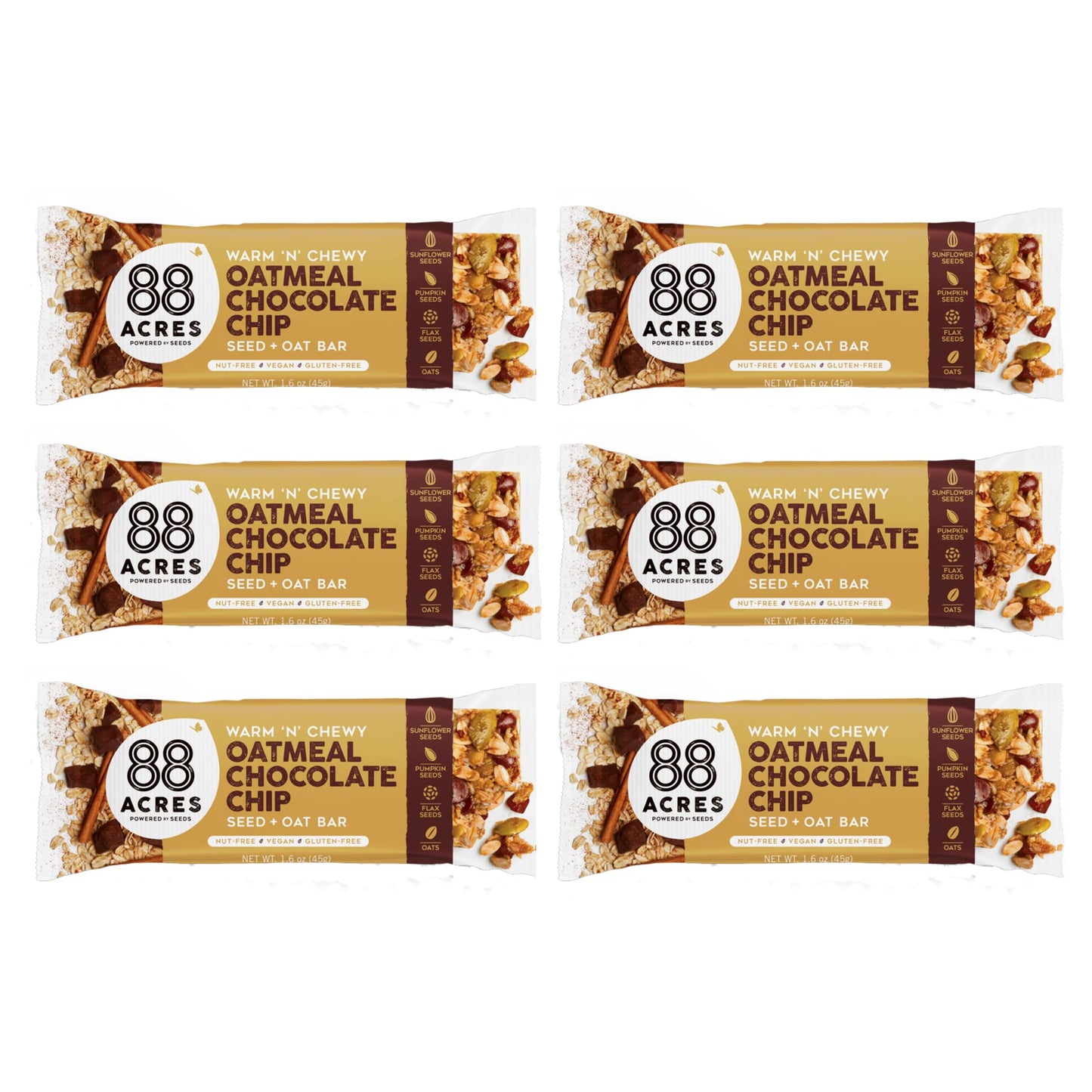88 Acres Granola Bars, Oatmeal Chocolate Chip, 6 Count, School Safe, Allergen Free Seed & Oat Snack Bar, Gluten & Nut Free, Vegan, Non-GMO & Kosher