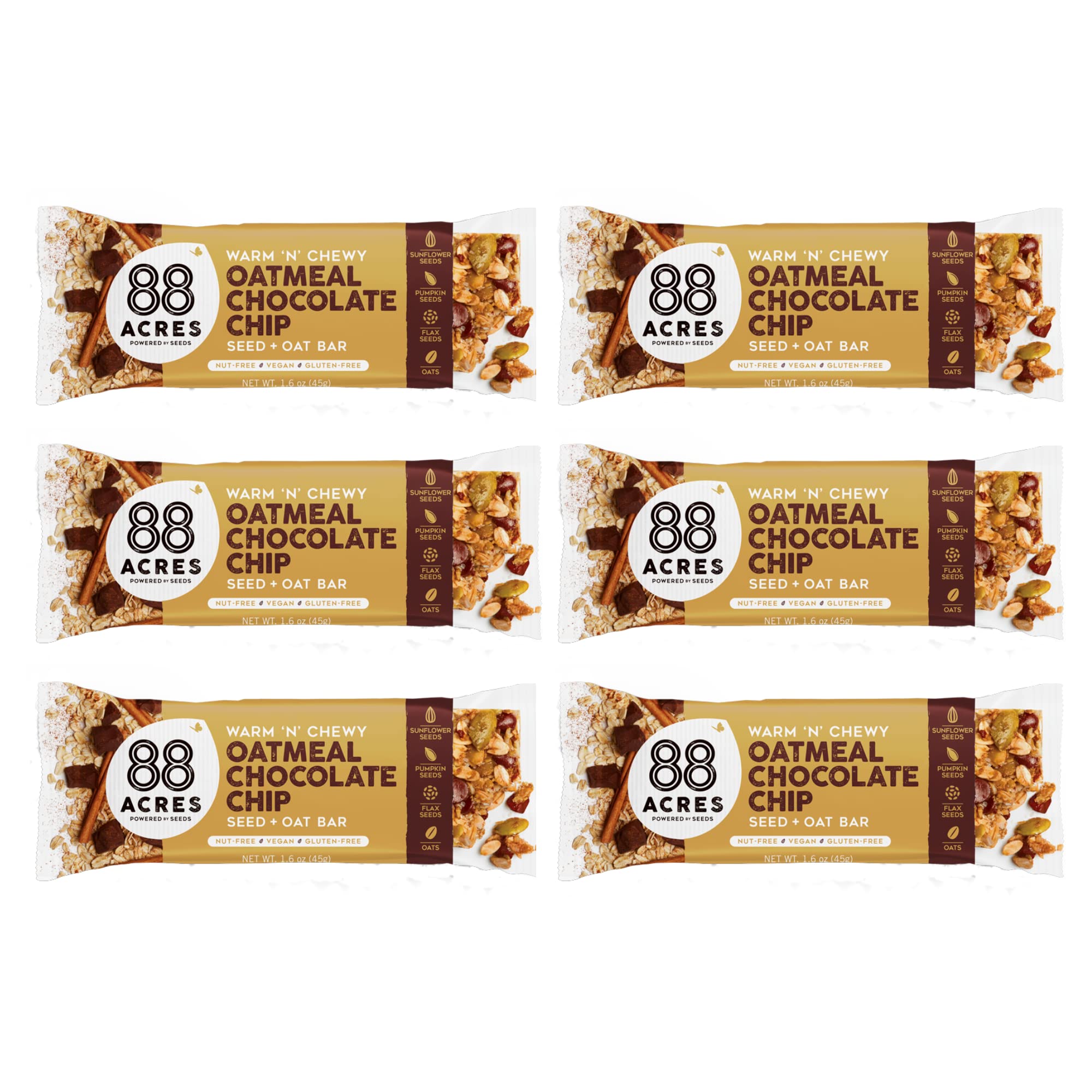 88 Acres Granola Bars, Oatmeal Chocolate Chip, 6 Count, School Safe, Allergen Free Seed & Oat Snack Bar, Gluten & Nut Free, Vegan, Non-GMO & Kosher