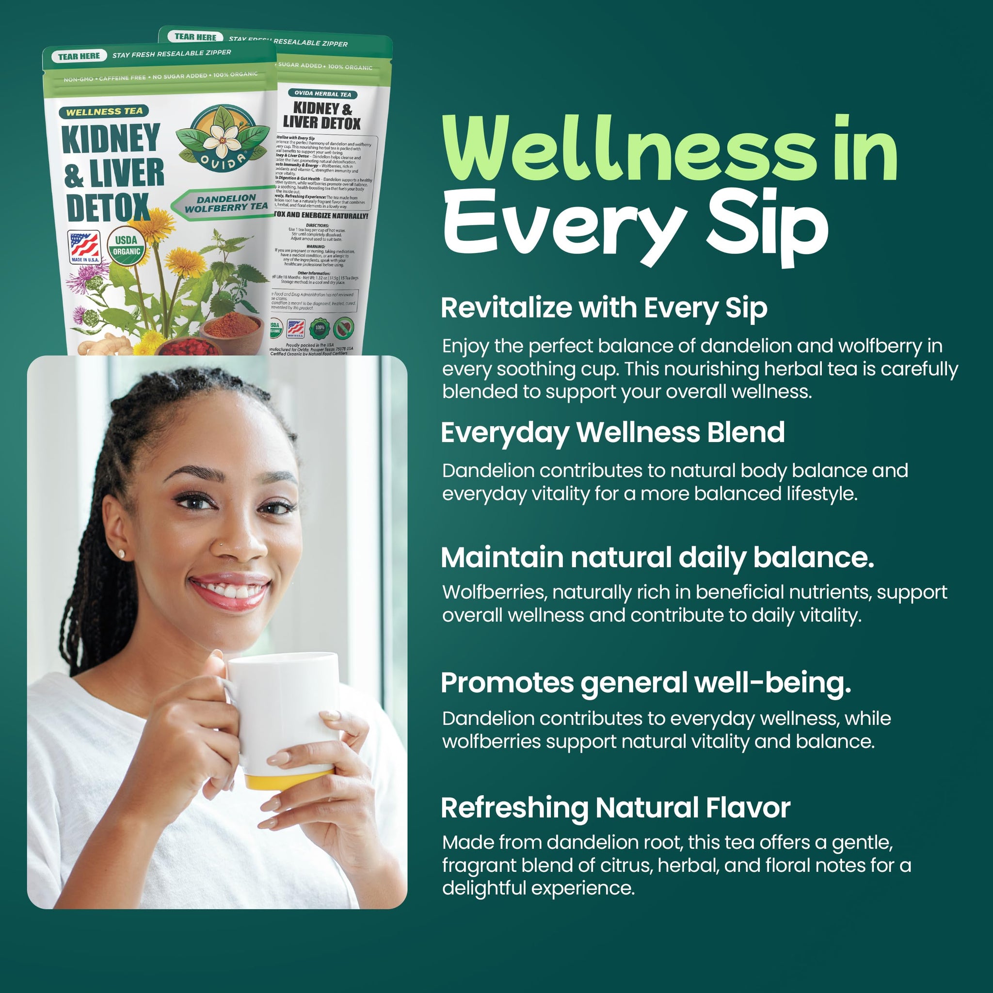 Ovida Dandelion Wolfberry Tea - Natural Kidneys & Liver Health Tea, Organic Herbal Tea with Milk Thistle, Turmeric & Goji Berry, Seven Herbal