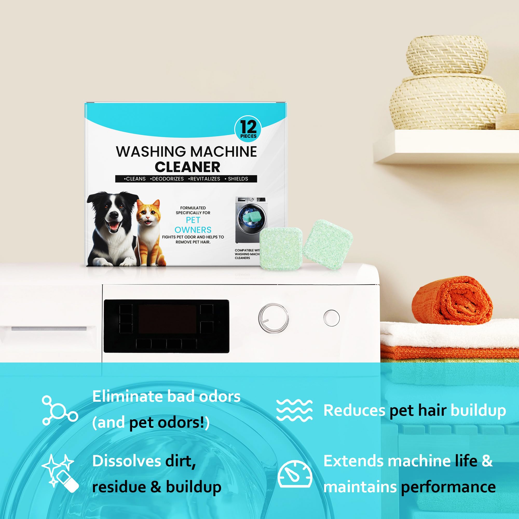 Evnttlion Washing Machine Cleaner 48 Pack-24 Month Supply,Cleaning Tablets Formulated for Pet Owners for He,Easy Pet Hair Remover for Laundry.Top