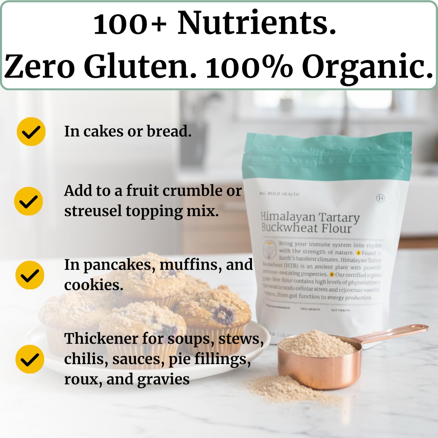 BIG BOLD HEALTH Organic Himalayan Tartary Buckwheat Flour - Gluten Free | Rich in Polyphenols & Antioxidants | 100% USDA Organic Grain-Free Flour |