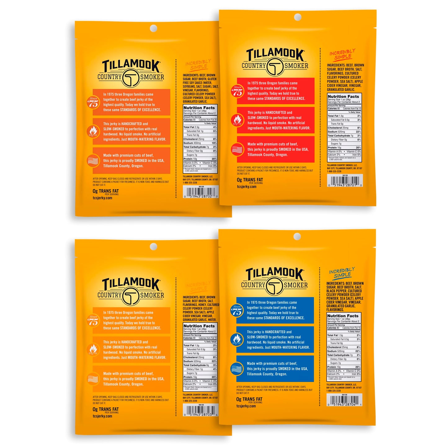 Tillamook Country Smoker Real Hardwood Smoked Beef Jerky Variety Pack, 2.5 Ounce (Pack of 4)