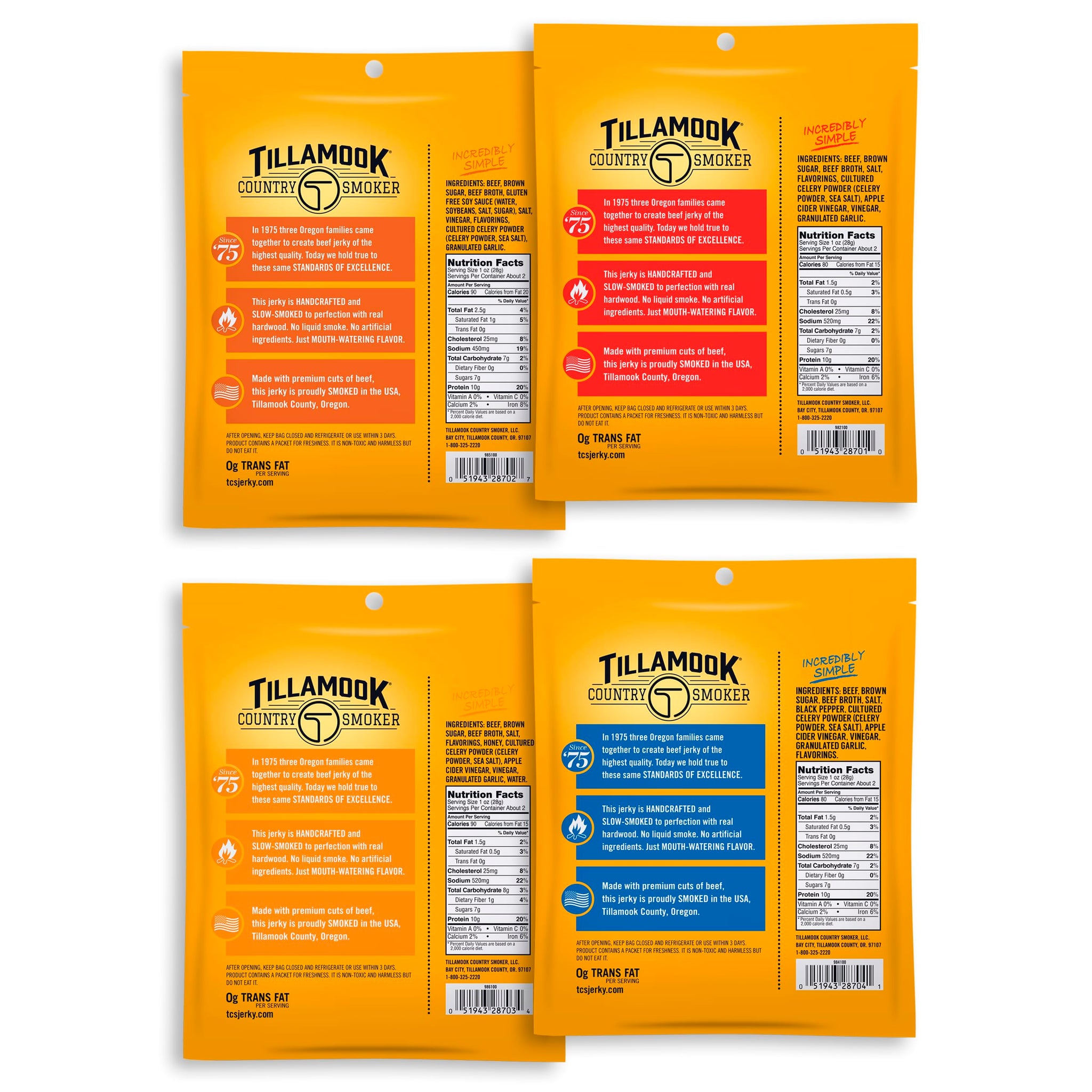 Tillamook Country Smoker Real Hardwood Smoked Beef Jerky Variety Pack, 2.5 Ounce (Pack of 4)