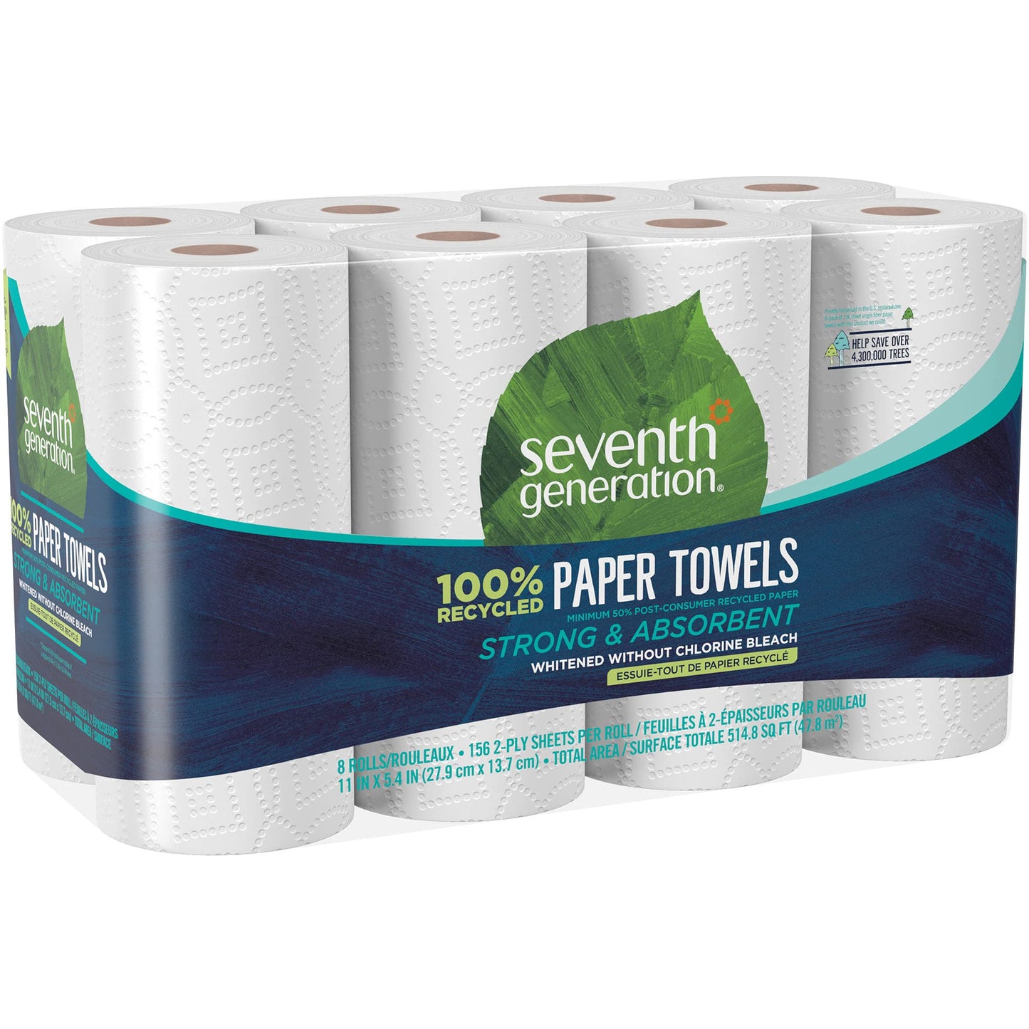 Seventh Generation 100% Recycled Paper Kitchen Towel Rolls, 2-Ply, 11 x 5.4, 156 Sheets/Roll, 8 Rolls/Pack