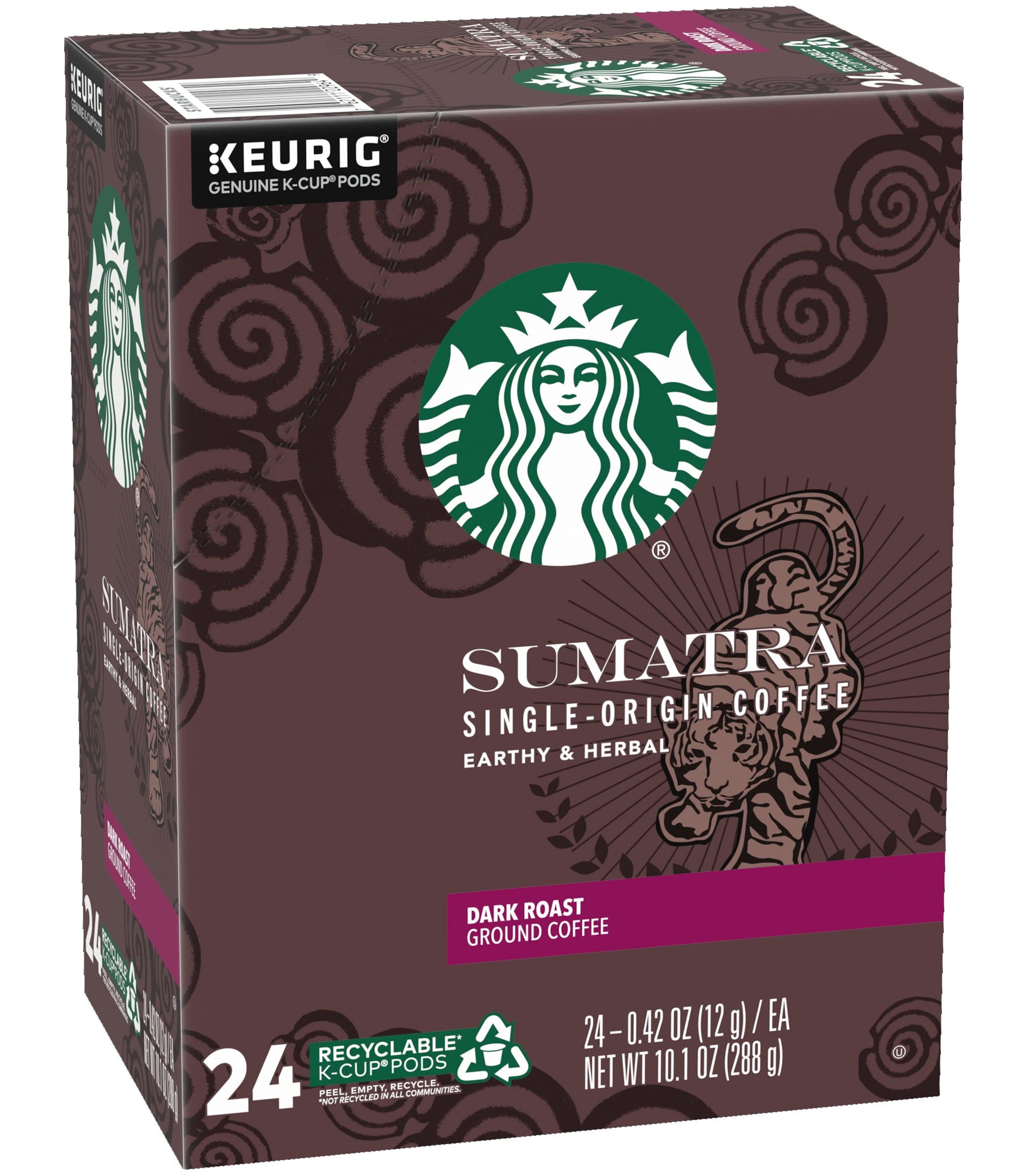 Starbucks Sumatra Single-Origin Coffee K-Cup Pods, Dark Roast Ground Coffee with Earthy & Herbal Flavor, 24 CT K-Cup Pods Per Box (Pack of 2 Boxes)