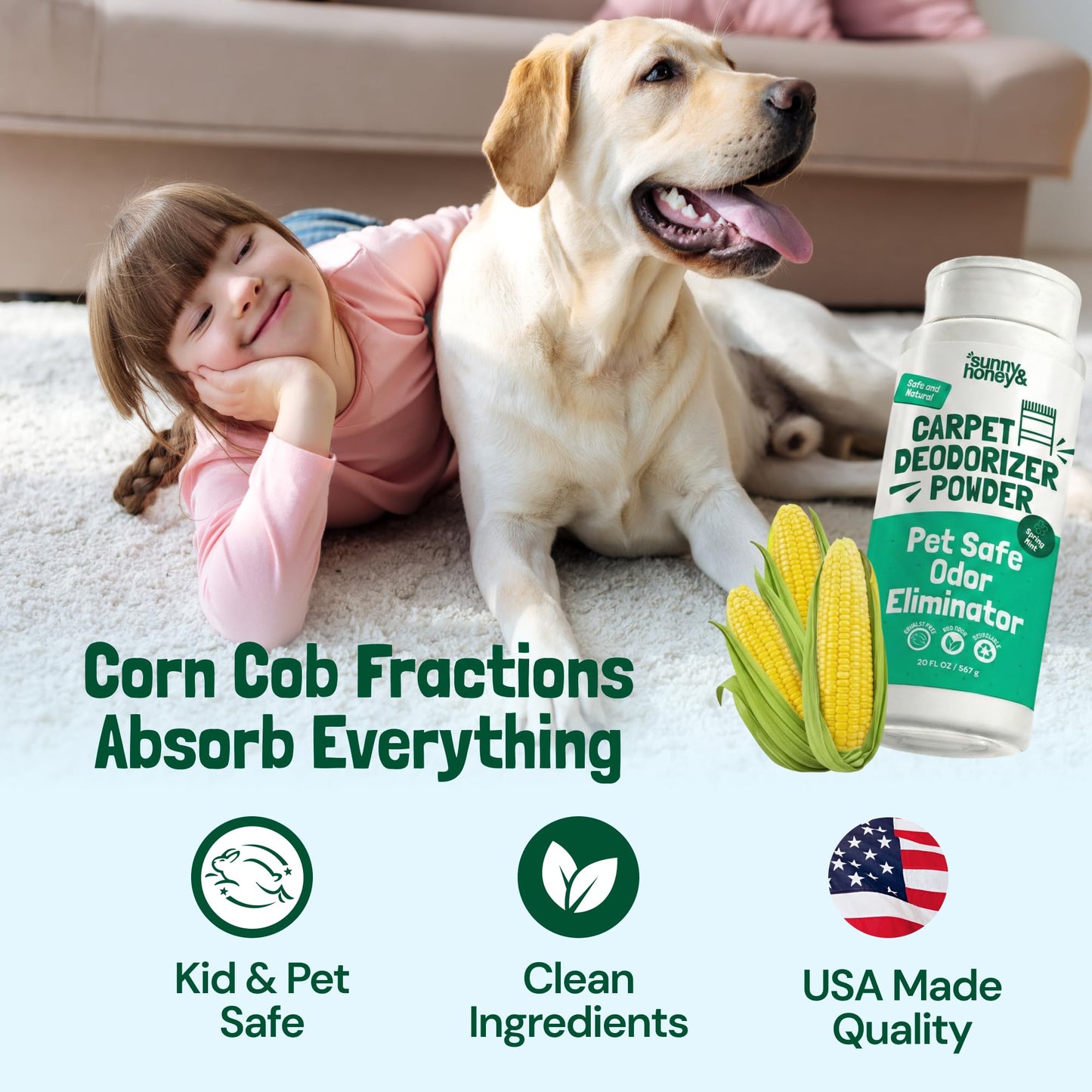 Sunny & Honey Carpet Deodorizer and Freshener Powder - Pet Safe Rug Refresher for Vacuuming - Mint Odor Eliminator for Strong Odor and Pet Urine (20