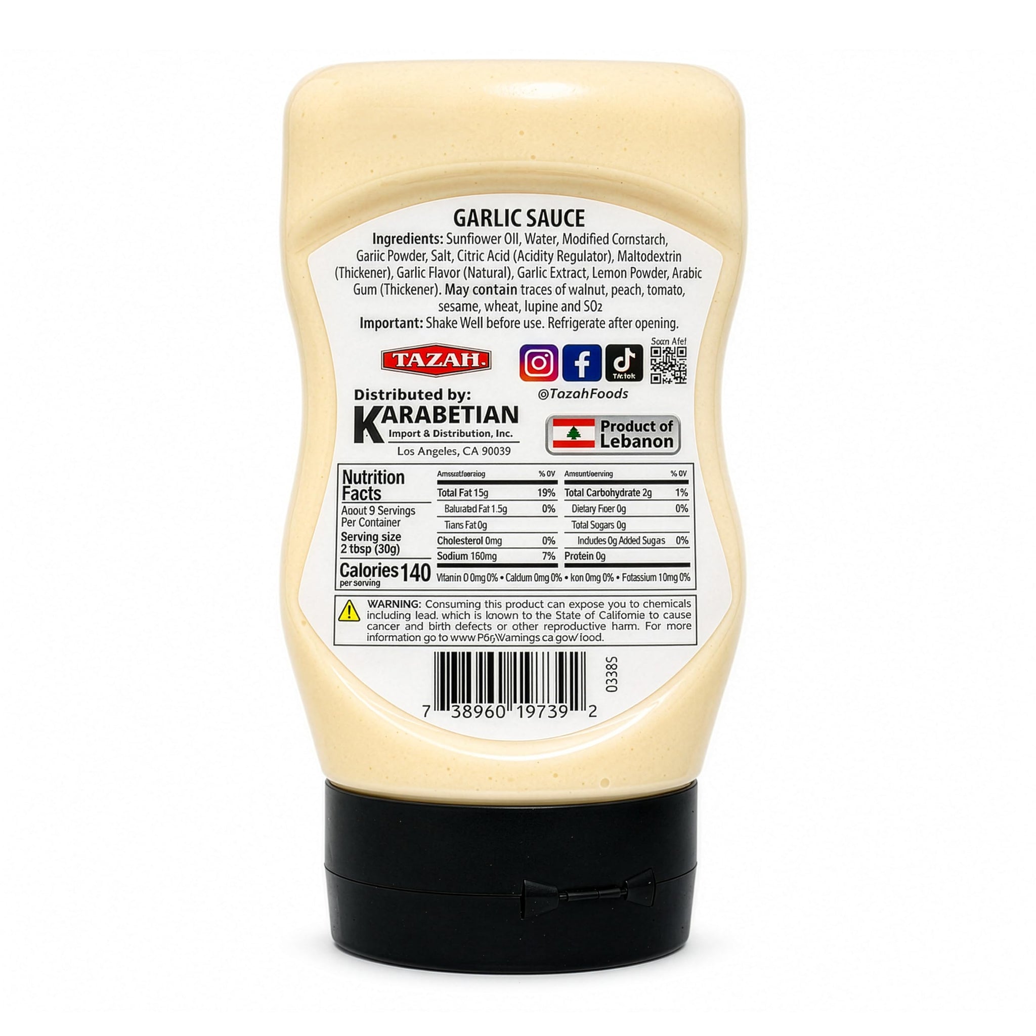 Tazah Lebanese Garlic Sauce 9.34 Fl Oz Squeezable Bottle Authentic Middle Eastern Creamy Garlic Dressing Great for Shawarma Falafel & More (??? Toum)
