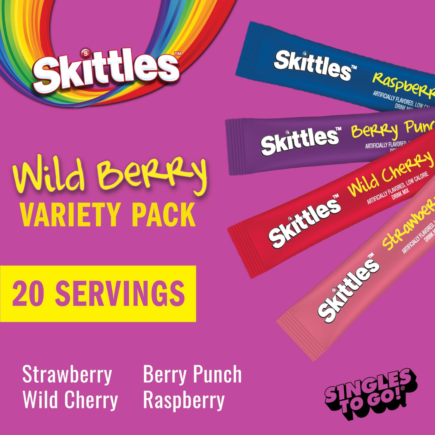Skittles Singles To Go Variety Pack, Watertok Powdered Drink Mix, Zero Sugar, Low Calorie, Includes 4 Flavors, 1 Box (20 Single Servings) (Wild Berry)