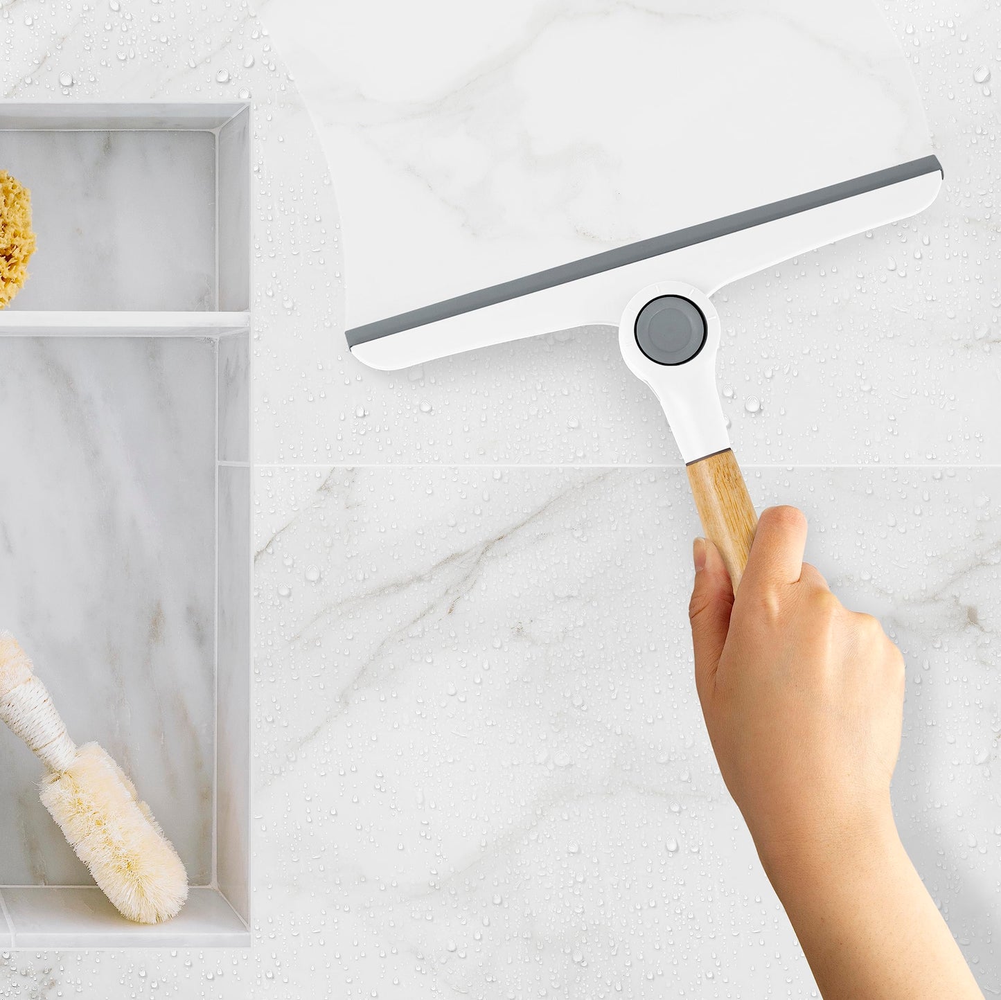 Zadro Multi-Use Folding Squeegee w/Bamboo Handle & Silicone Hang Loop (9.5-inch Wide, Bamboo/White/Gray)