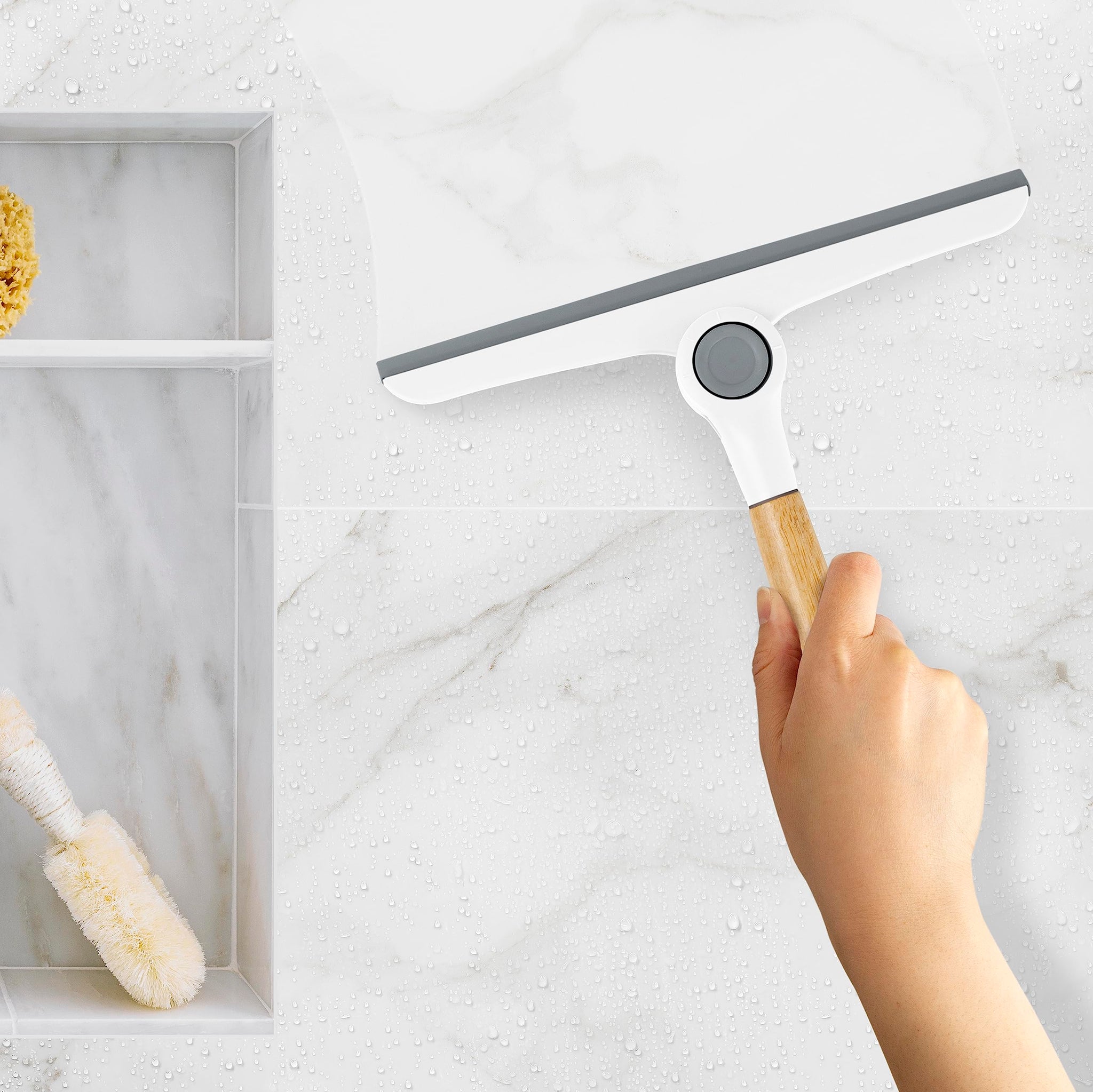 Zadro Multi-Use Folding Squeegee w/Bamboo Handle & Silicone Hang Loop (9.5-inch Wide, Bamboo/White/Gray)