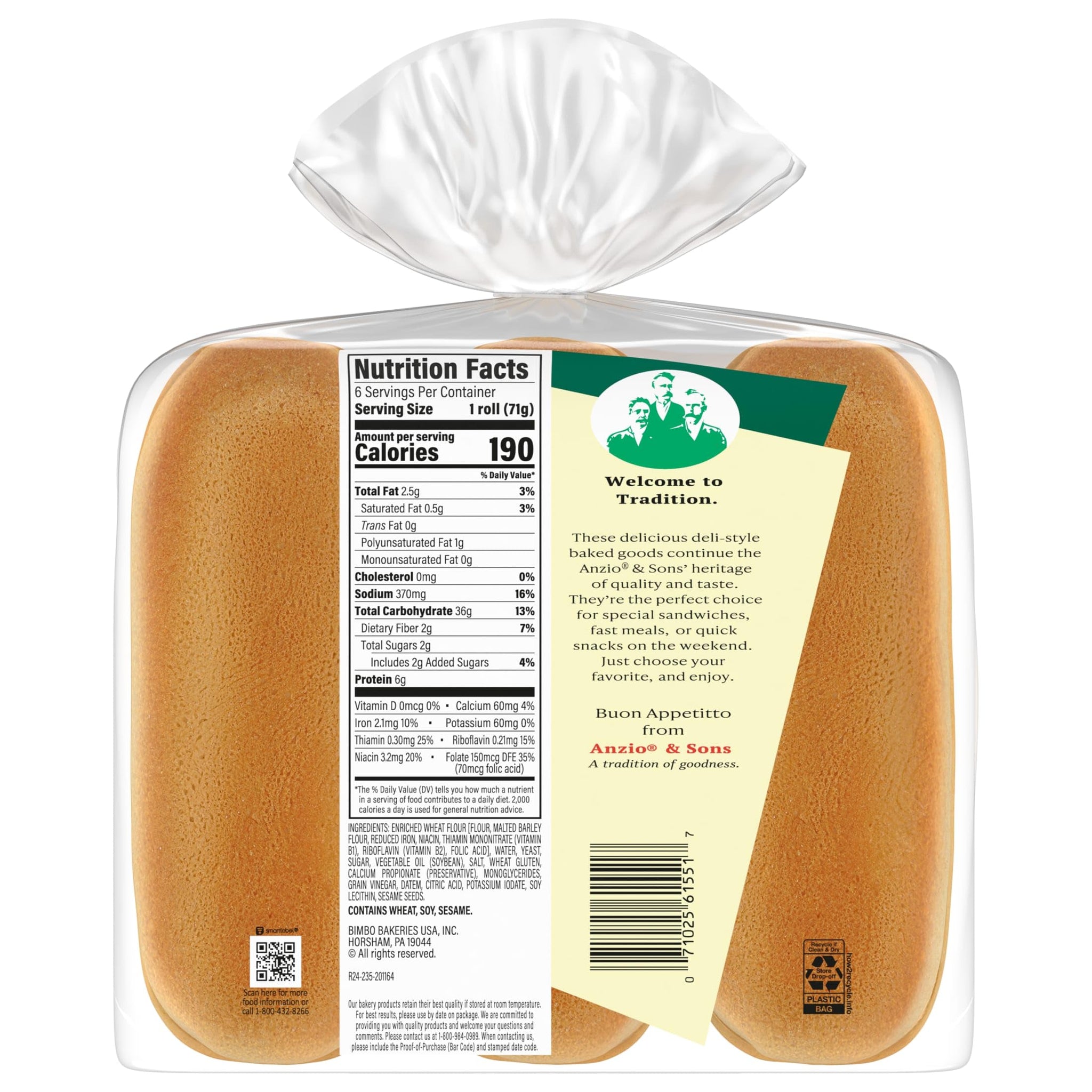 Anzio & Sons White Sub Rolls, 6 count, (2.5 oz each), Sandwich Rolls, 15 oz Bag