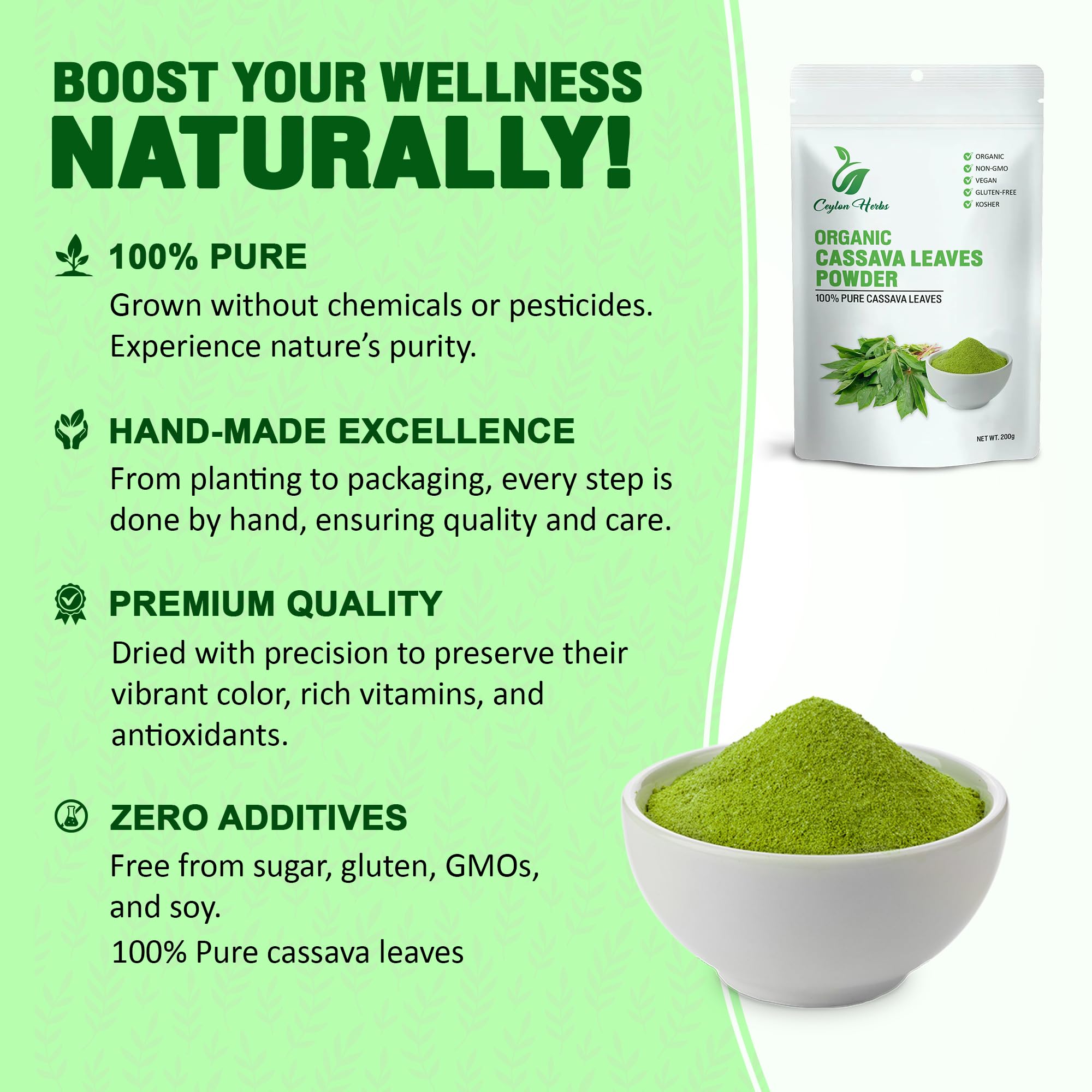 Cassava Leaves Powder - 100% Pure, Organic Dried Leaf Powder for Cooking and Beverages