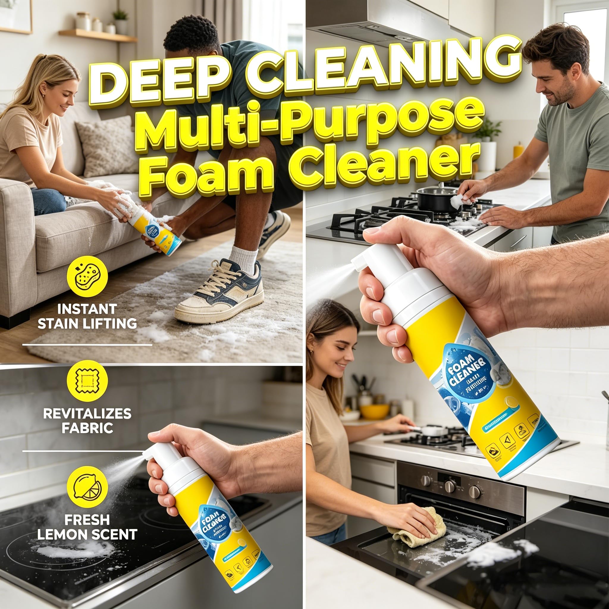 Benicabaly 4-in-1 Multi Enzyme Foam Cleaner Lemon Scent, No Rinse All Purpose Stain Remover, Car Interior Cleaner for Seat Upholstery Sofa Kitchen