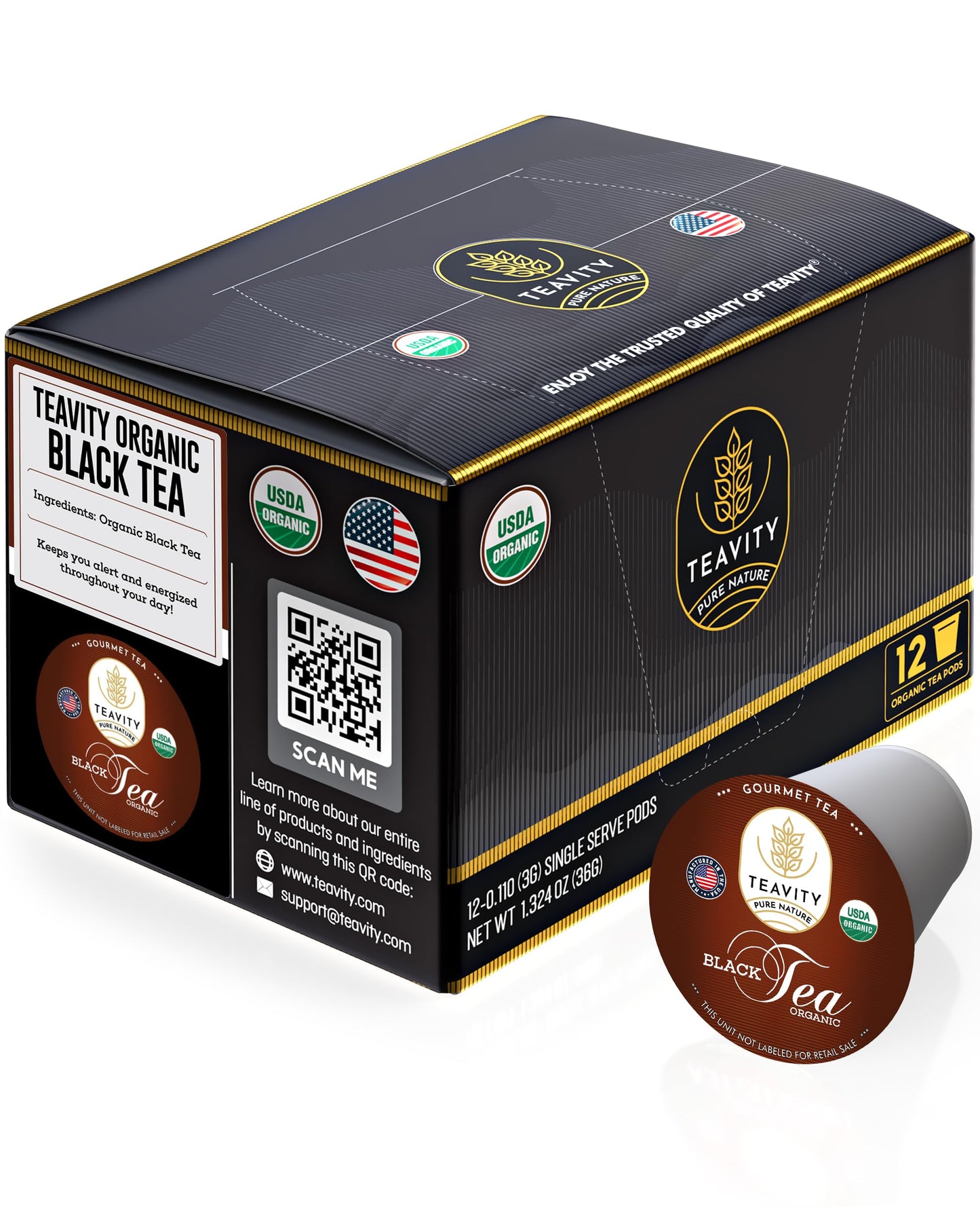 Teavity Organic Black Tea Pods - 12 Unsweetened Tea Pods for Keurig Kcup Brewers - Naturally Caffeinated, Hand-Picked from Sri Lanka, Sturdy