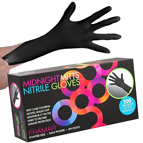 FRAMAR Powder Free Nitrile Gloves Medium - 12 INCH Black Gloves Disposable Latex Free, Guantes De Nitrile, For Hair Dye, Cleaning, Tattoo - Extra