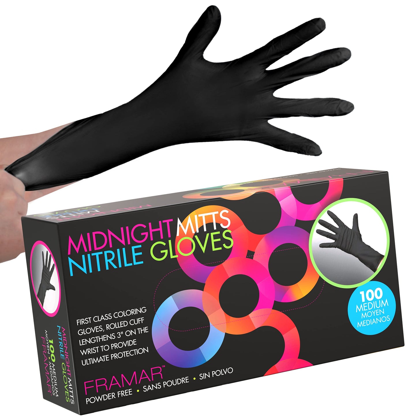 FRAMAR Powder Free Nitrile Gloves Medium - 12 INCH Black Gloves Disposable Latex Free, Guantes De Nitrile, For Hair Dye, Cleaning, Tattoo - Extra