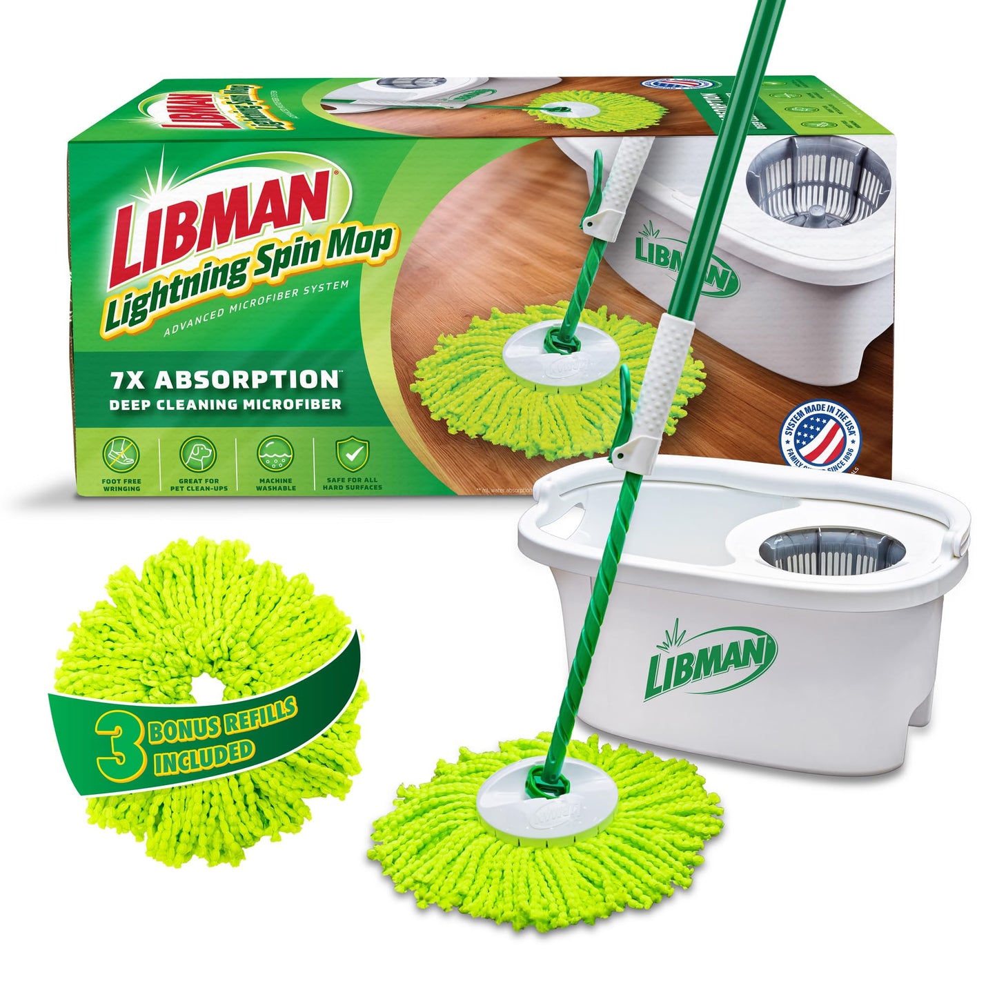 Libman Lightning Spin Mop System Plus 3 Refill Head | Mop and Bucket with Wringer Set | Floor Mop | Spin Mop | Libman Mop | Mops for Floor Cleaning |
