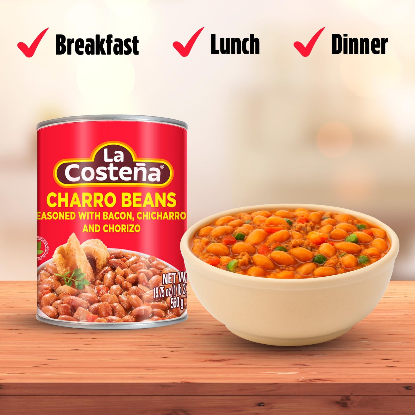 La Costeña Charro Beans - Ready-to-Eat Canned Pinto Beans with Chorizo, Bacon & Chicharrones - Mexican Food, Tex Mex, Chili Ingredients, Bean Dip