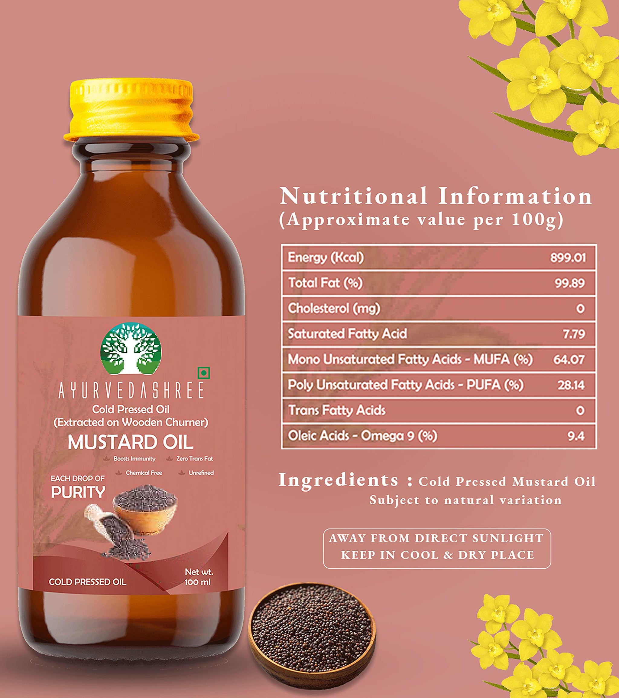 AYURVEDASHREE Mustard Oil 3.38 fl oz.. Cold Pressed Oil, Extracted on Wooden Churnerto Sustain maximum nutrition, 100% Pure & Natural, No GMO