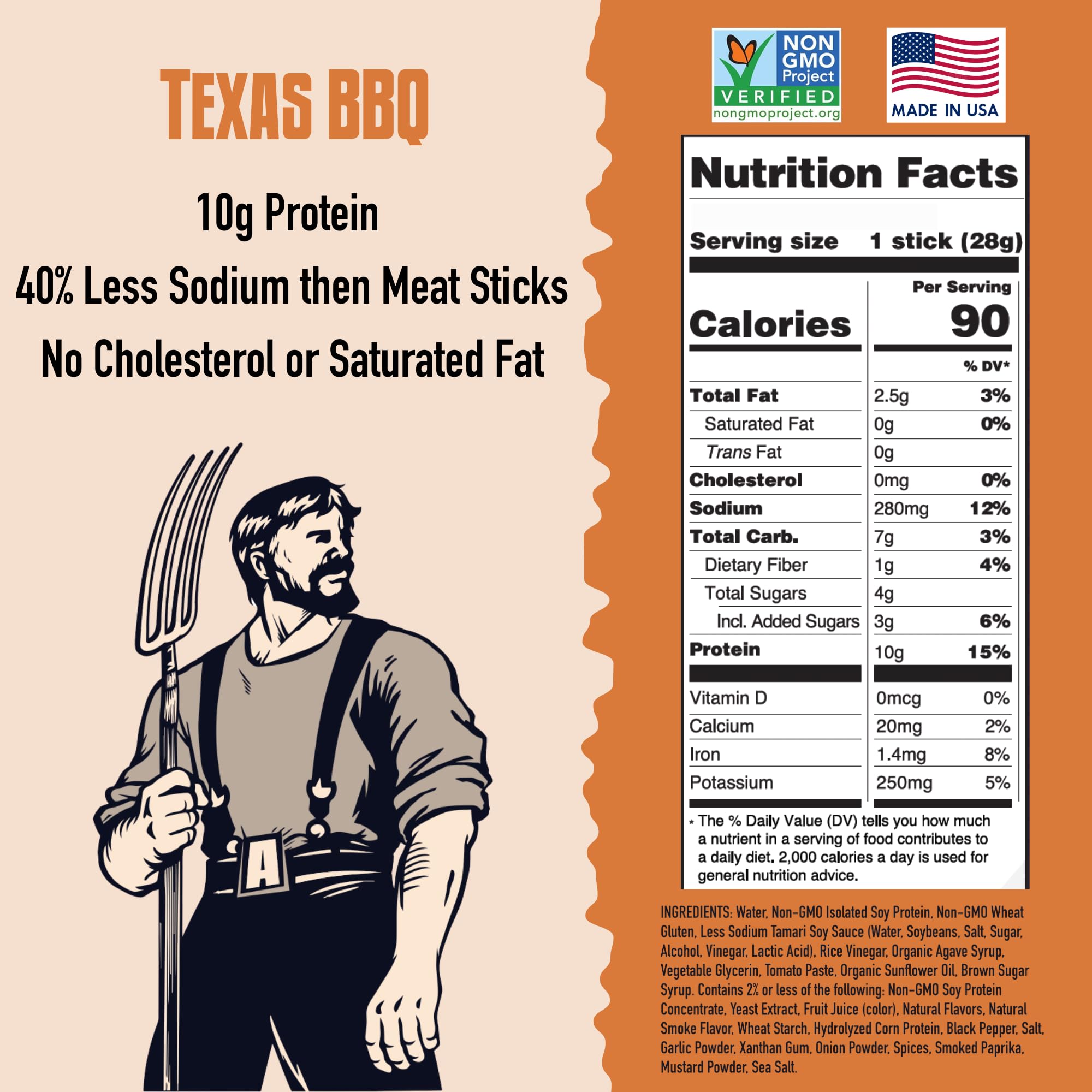 AGRO POWER Vegan Jerky Sticks, 10g Protein per Stick, Texas BBQ Plant-Based, 7 Stick Bag, Non-GMO, 40% Less Sodium, Zero Cholesterol, Meat