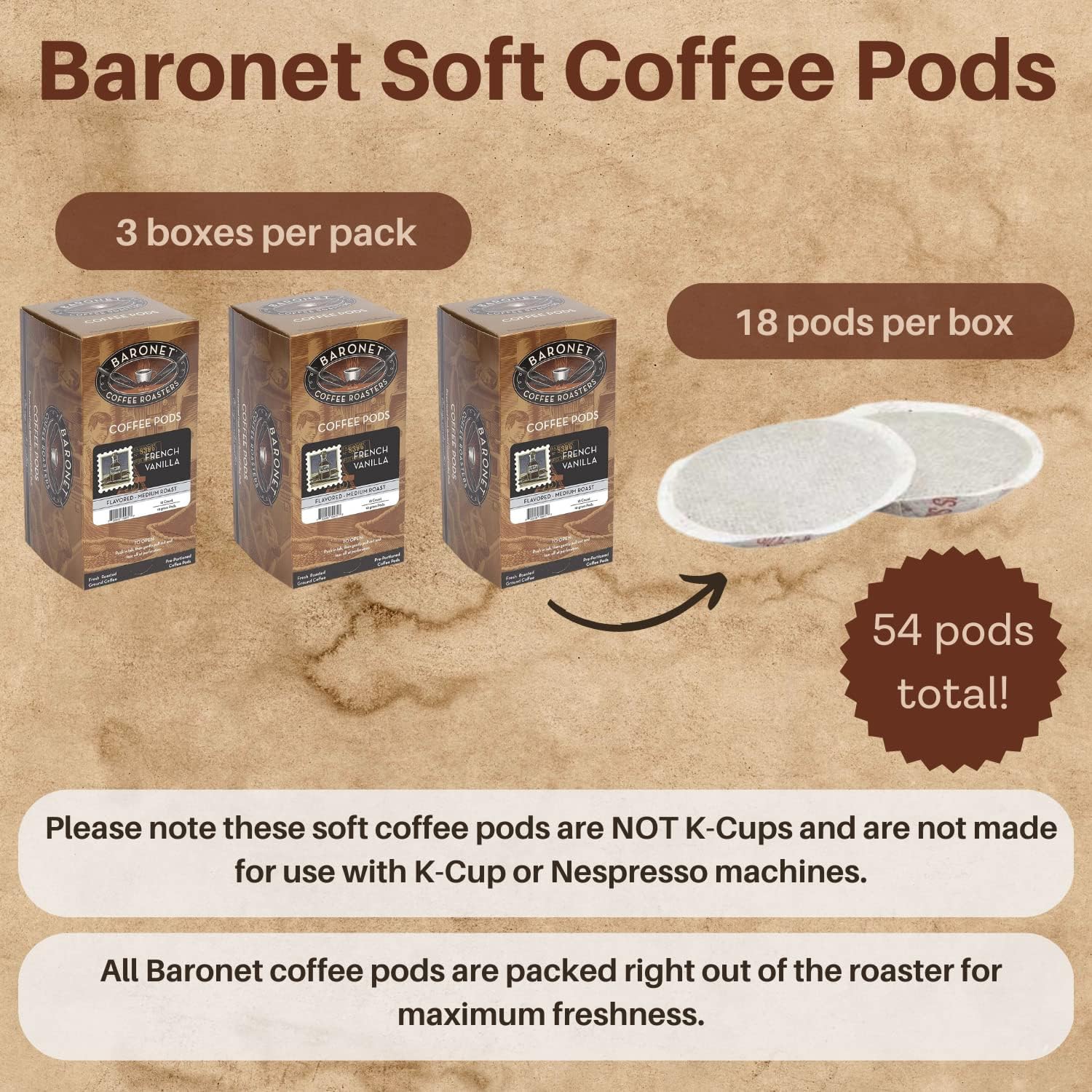 Baronet Coffee Pods [French Vanilla-54 Pods] Flavored Single Cup Use, Like Senseo [3 Boxes of 18 Single Serve 10 Gram] Regular Strength, Medium Roast