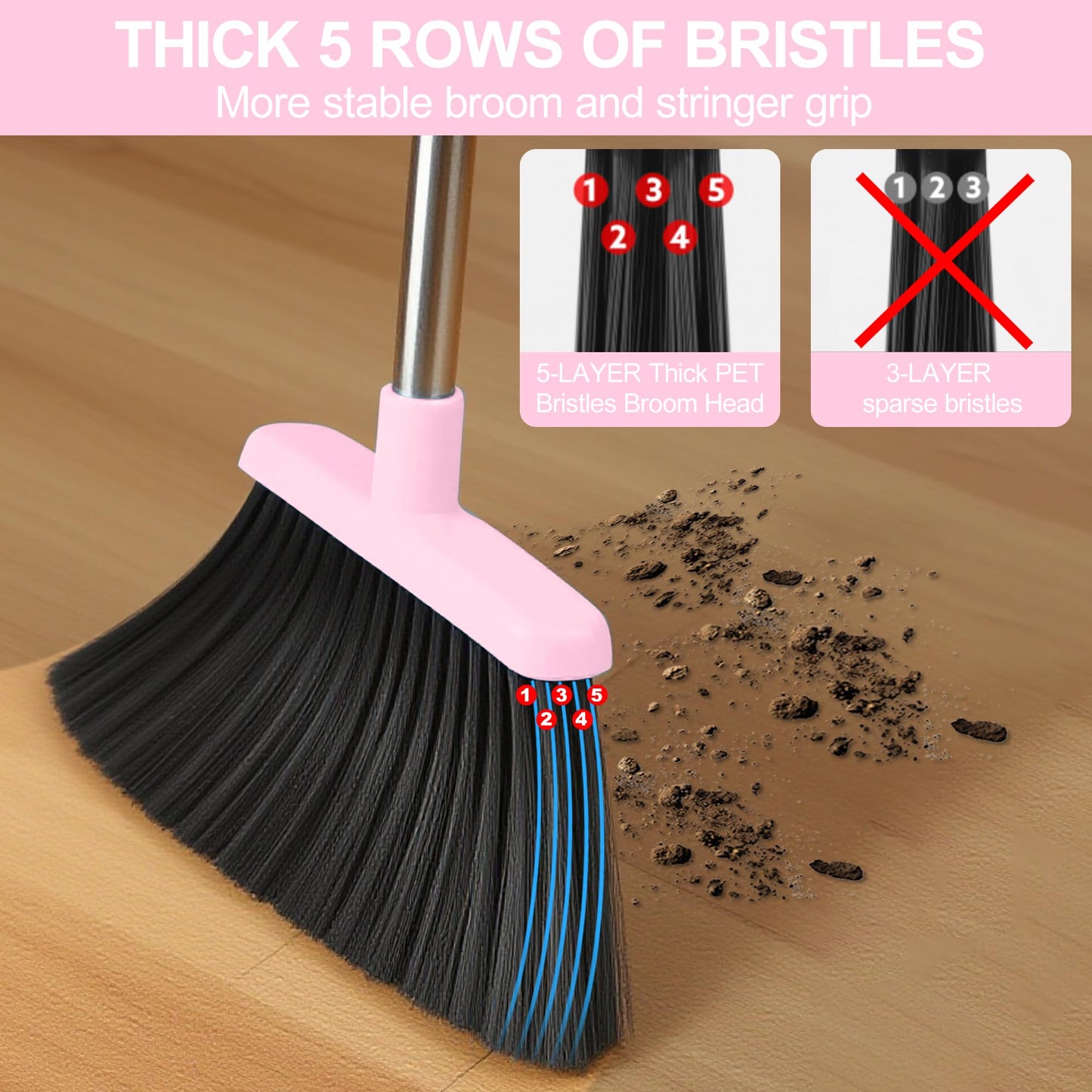 Pink Broom and Dustpan Set for Home, 52-in Long Handle Broom with Dustpan Combo with Dustpan Teeth Easy to Scrape Off Pet Hair, Indoor&Outdoor