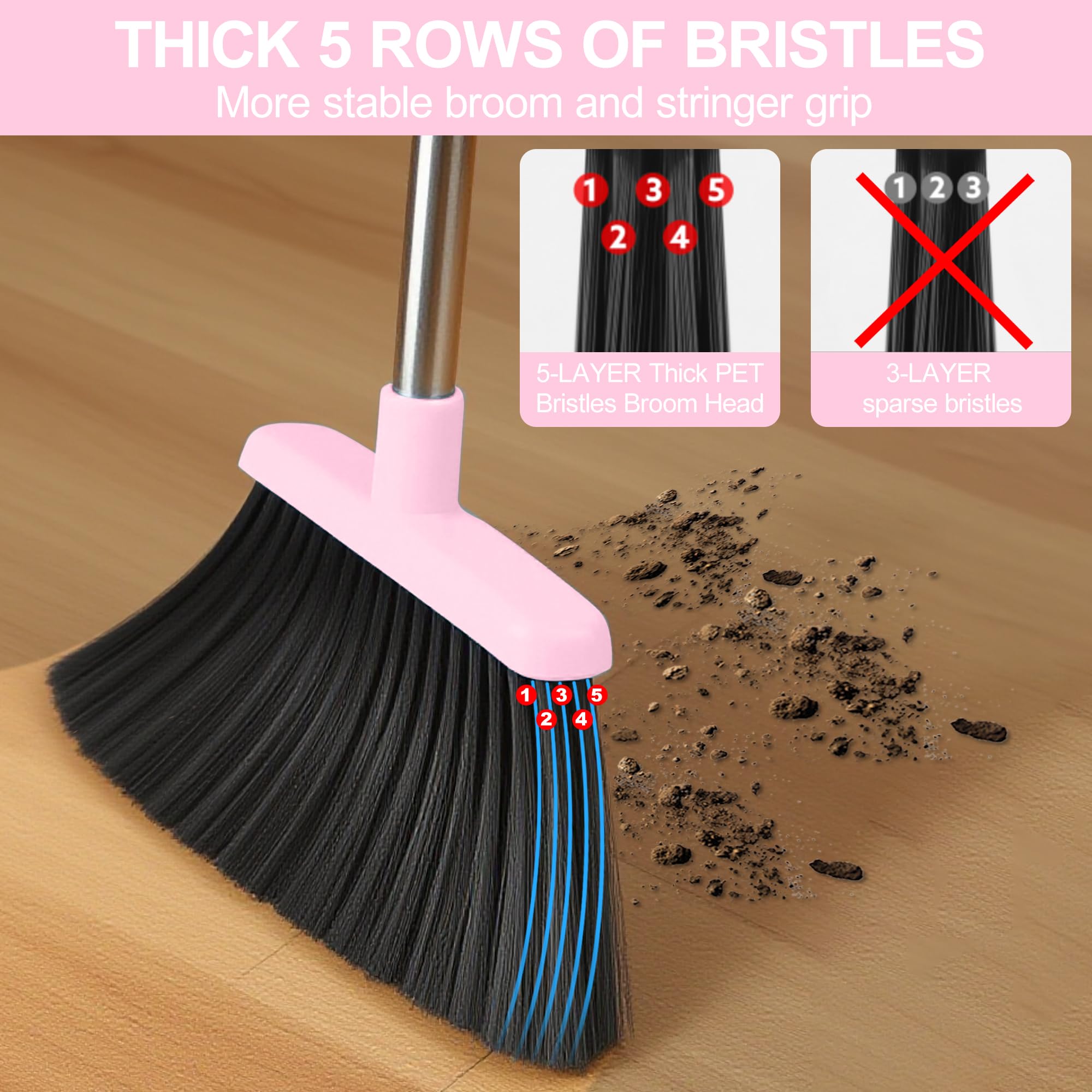 Pink Broom and Dustpan Set for Home, 52-in Long Handle Broom with Dustpan Combo with Dustpan Teeth Easy to Scrape Off Pet Hair, Indoor&Outdoor