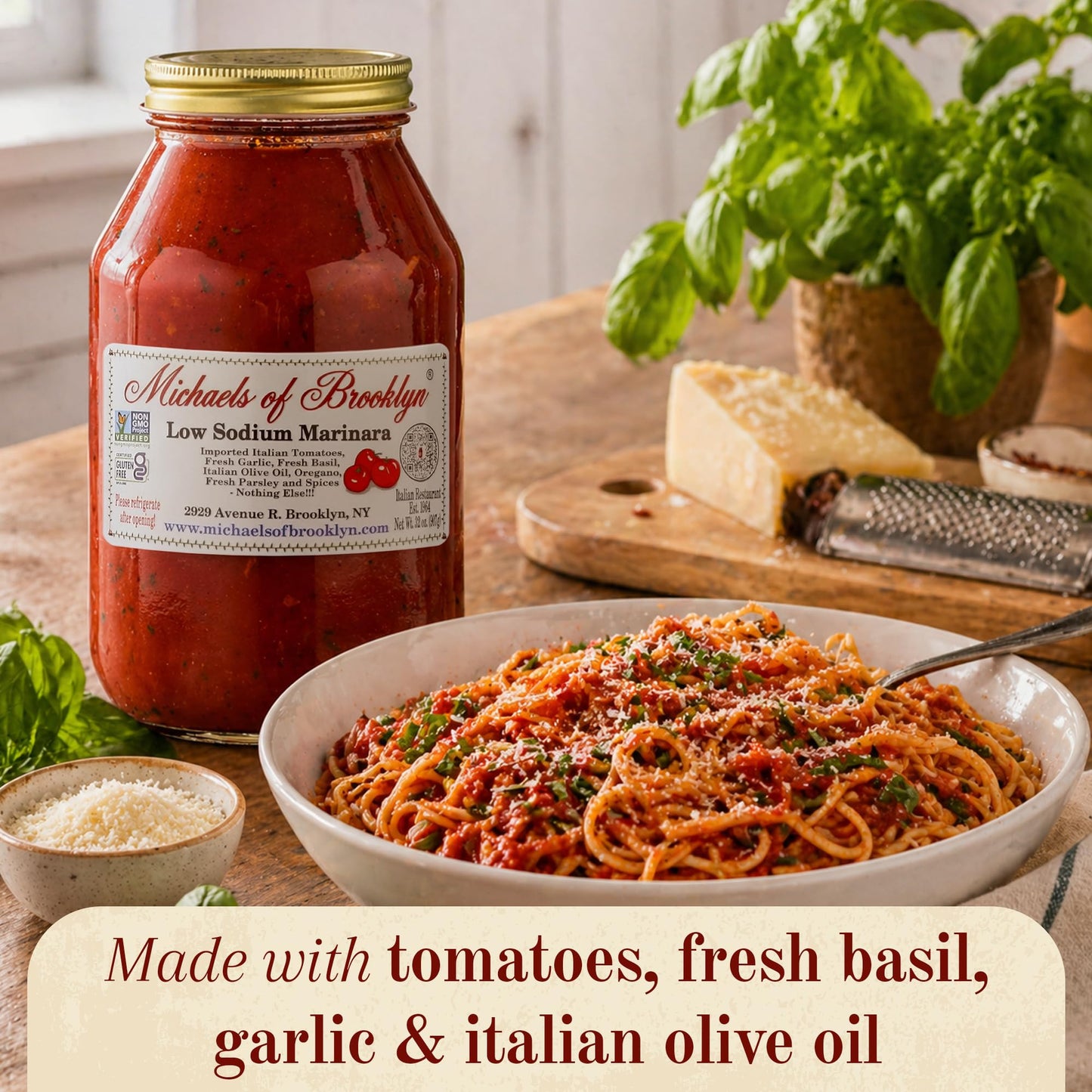 Michael's of Brooklyn Low Sodium Marinara Sauce, 32oz Jar (Pack of 2) - Non-GMO, Gluten Free Italian Pasta Sauce - With Italian Tomatoes, Garlic