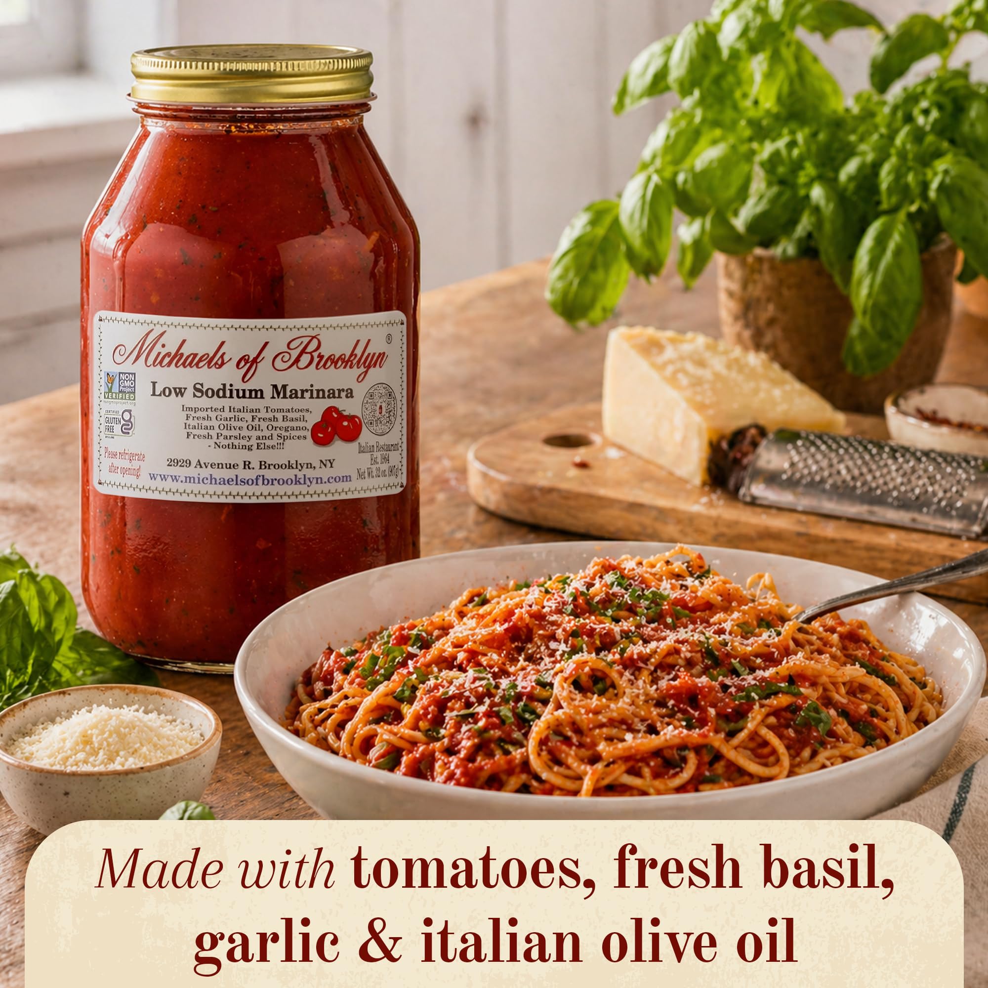 Michael's of Brooklyn Low Sodium Marinara Sauce, 32oz Jar (Pack of 2) - Non-GMO, Gluten Free Italian Pasta Sauce - With Italian Tomatoes, Garlic