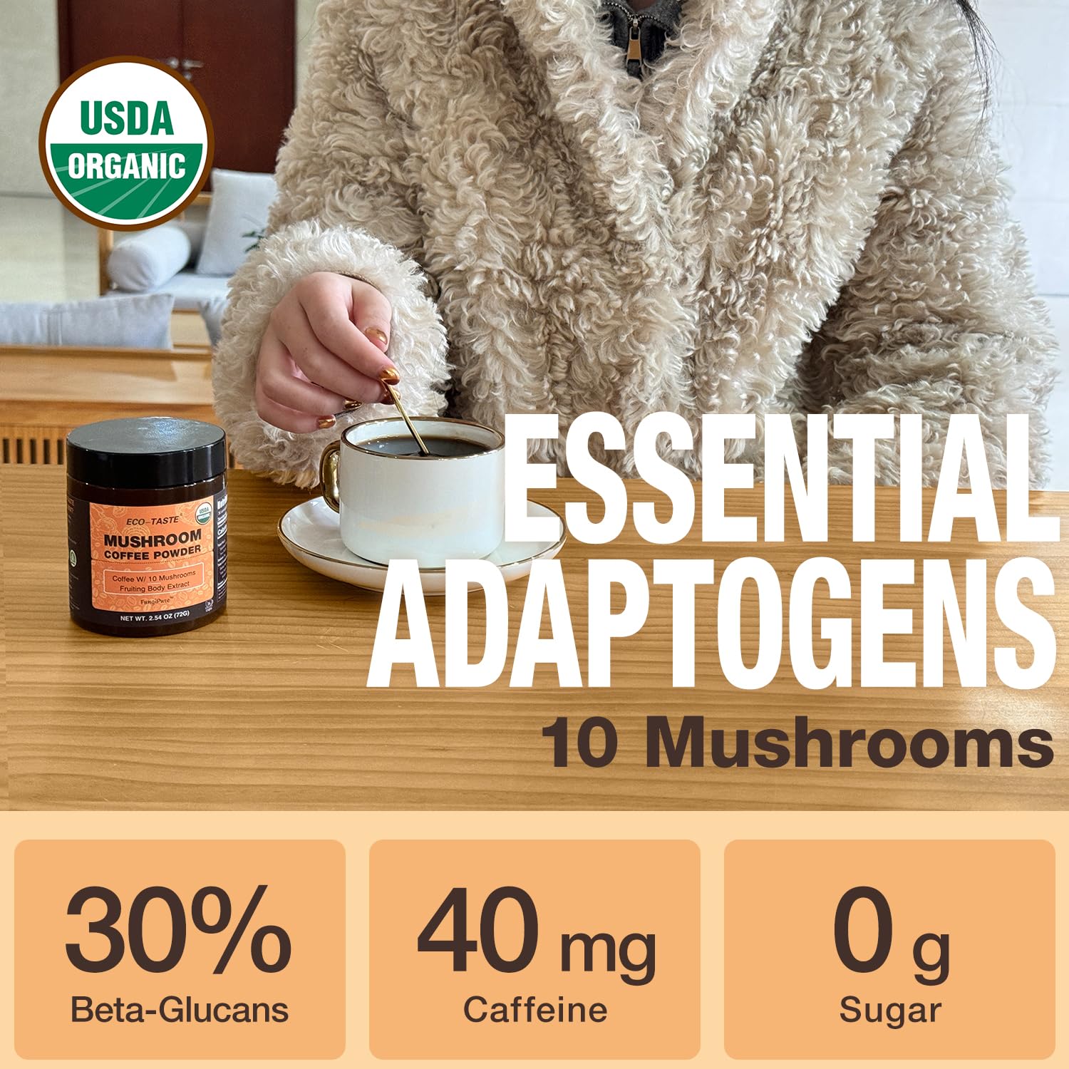 Organic Mushroom Coffee - 30% Beta-Glucans, Arabica Instant Coffee Infused with Fungipure™ Mushrooms - Lions Mane, Reishi, Turkey Tail, 72 Grams - 36