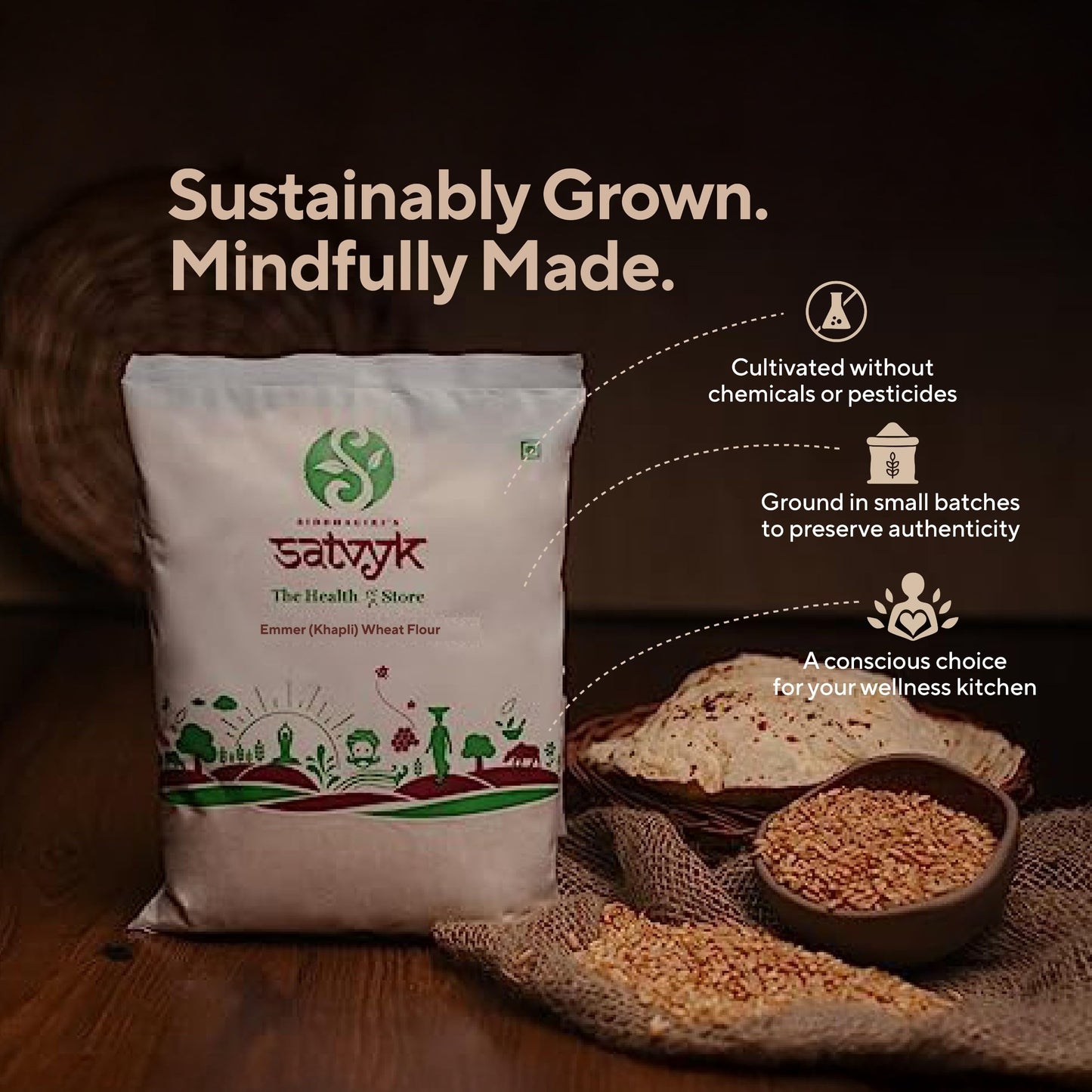 S Siddhagiri's SATVYK THE HEALTH re STORE Khapli Wheat Flour (Set of 3-3kg) - Stoneground Khapli Atta | Easy to Digest | Fiber Rich Whole Wheat Flour