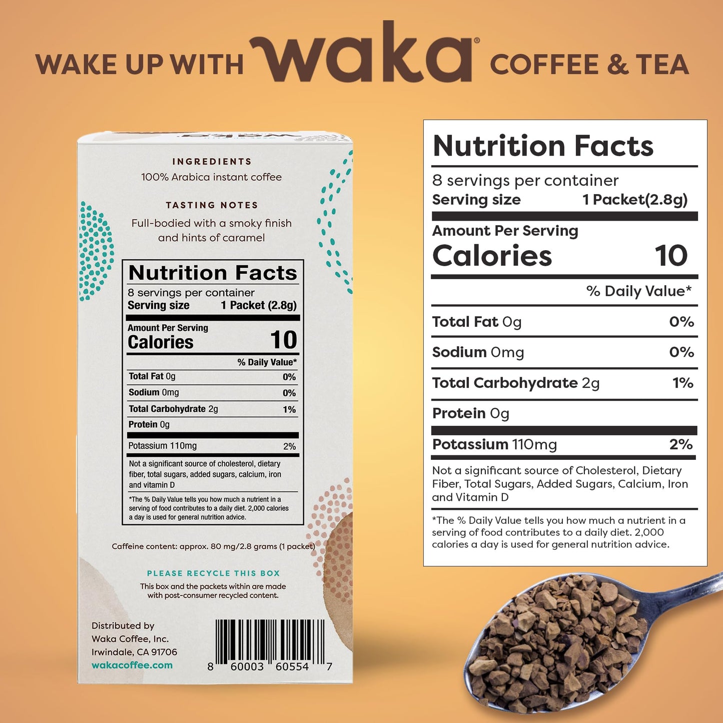 Waka Premium Instant Coffee Sachets - 100% Arabica Freeze Dried Beans - For Hot or Iced Coffee (8 Count, Dark Roast)