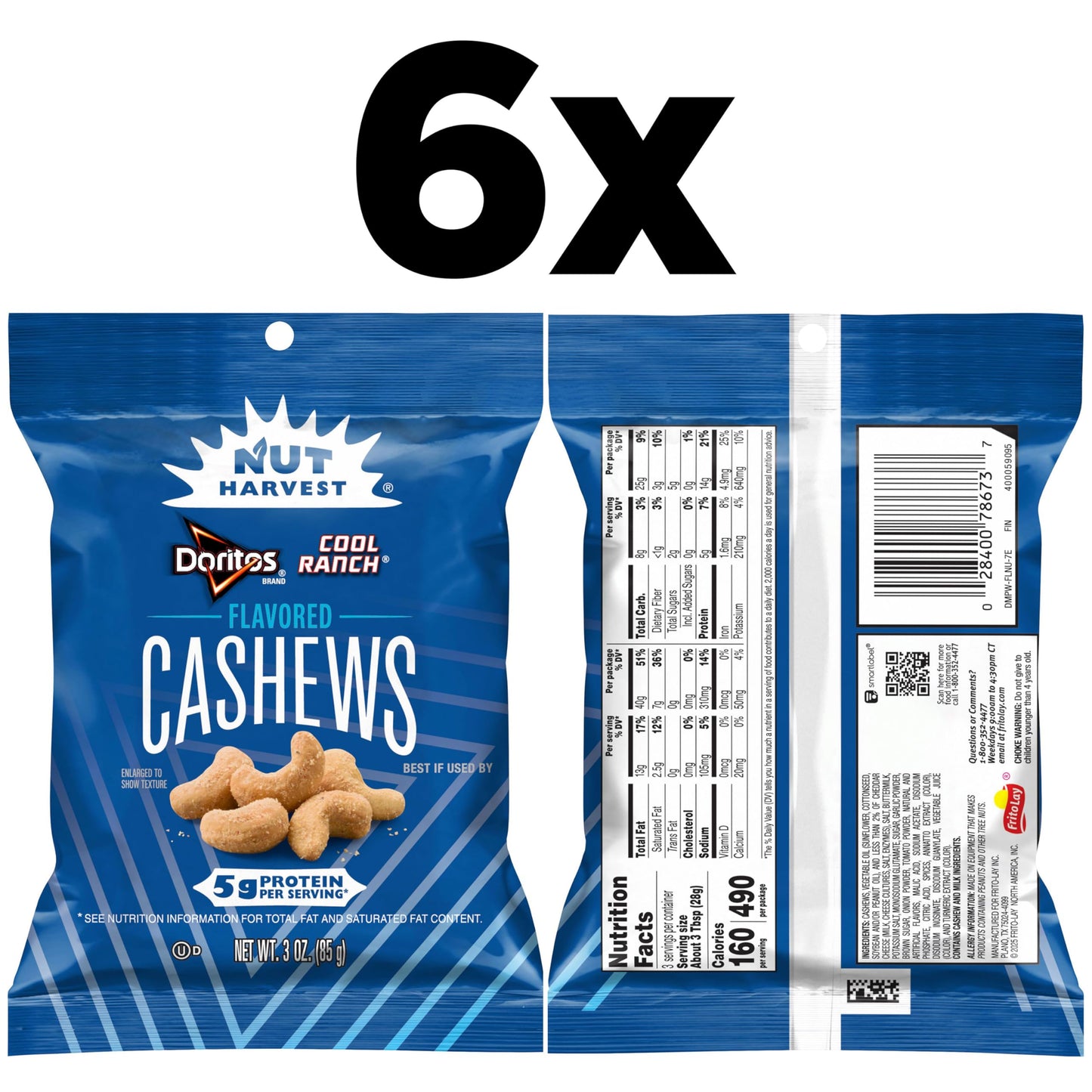 Nut Harvest Flavored Cashews, Doritos Cool Ranch, 3 oz Bags (6 Pack), 5g Protein Per Serving