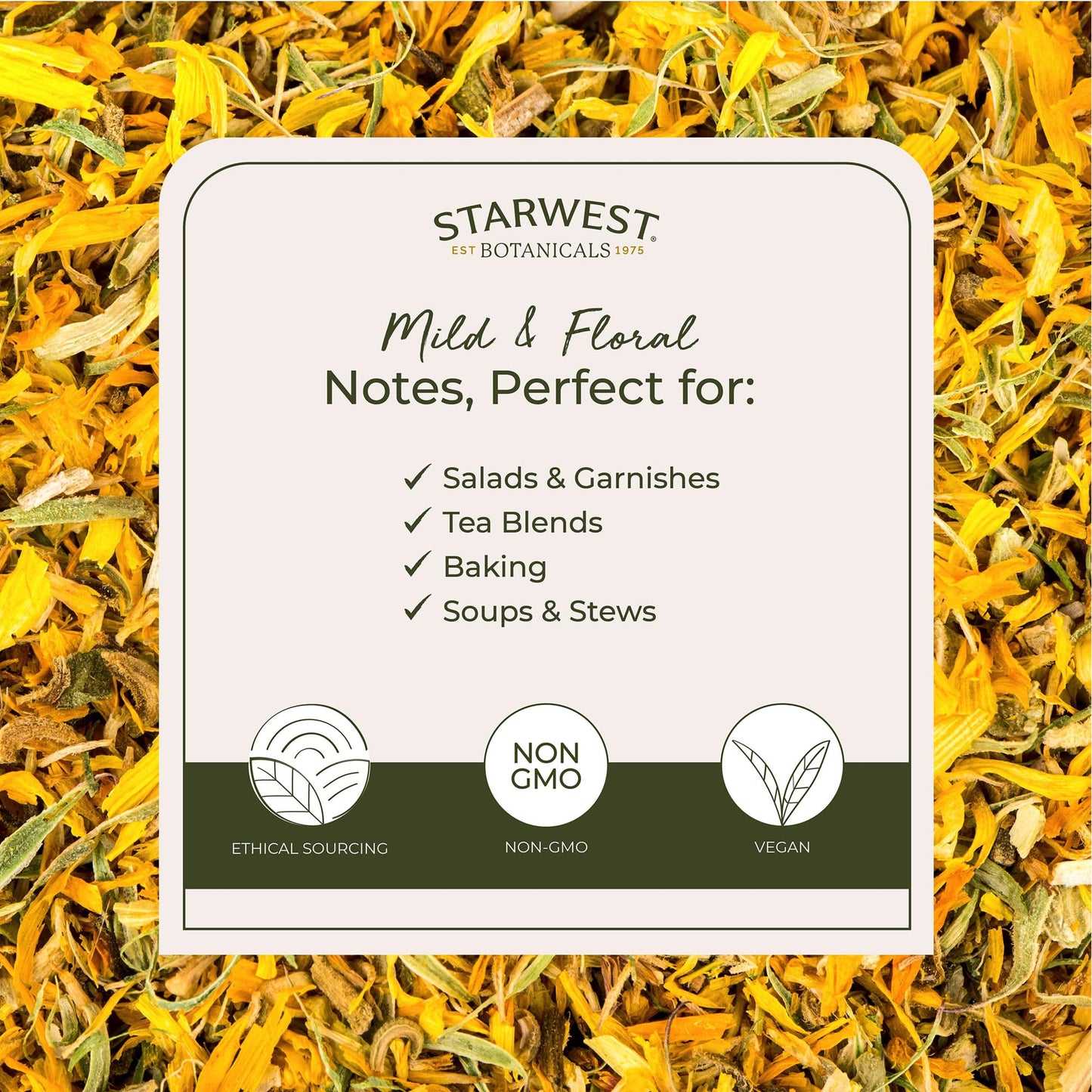 Starwest Botanicals Organic Dried Calendula Flowers - Natural Loose Leaf Herb for Tea & Culinary Use, Herbal Calendula Petals, Caffeine Free